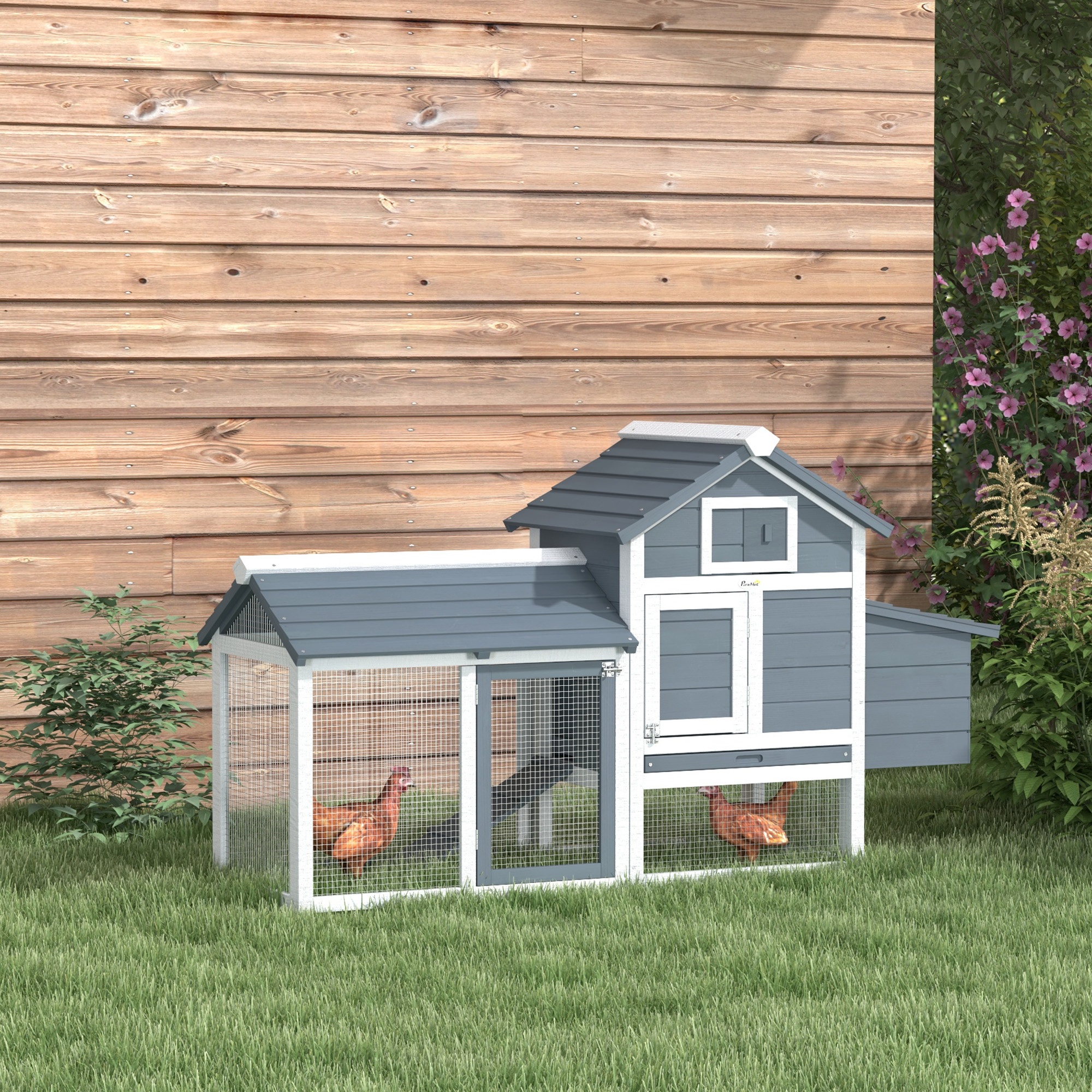  59" Small Wooden Chicken Coop Hen House Poultry Cage for Outdoor Backyard with 2 Doors, Nesting Box and Removable Tray, White