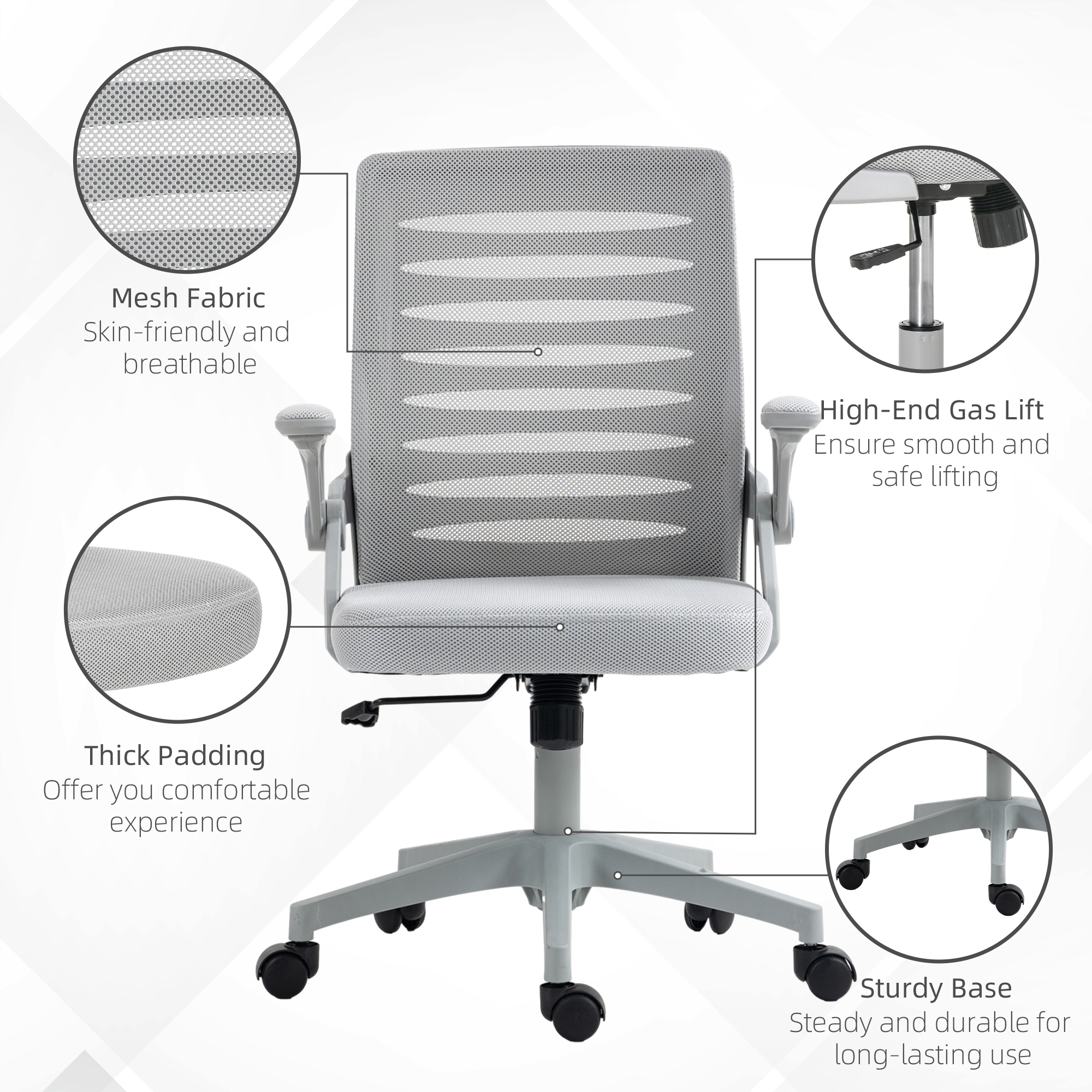 Vinsetto 44-53.5cm Adjustable Height Work Chair, With Mesh Back - Grey — image 4
