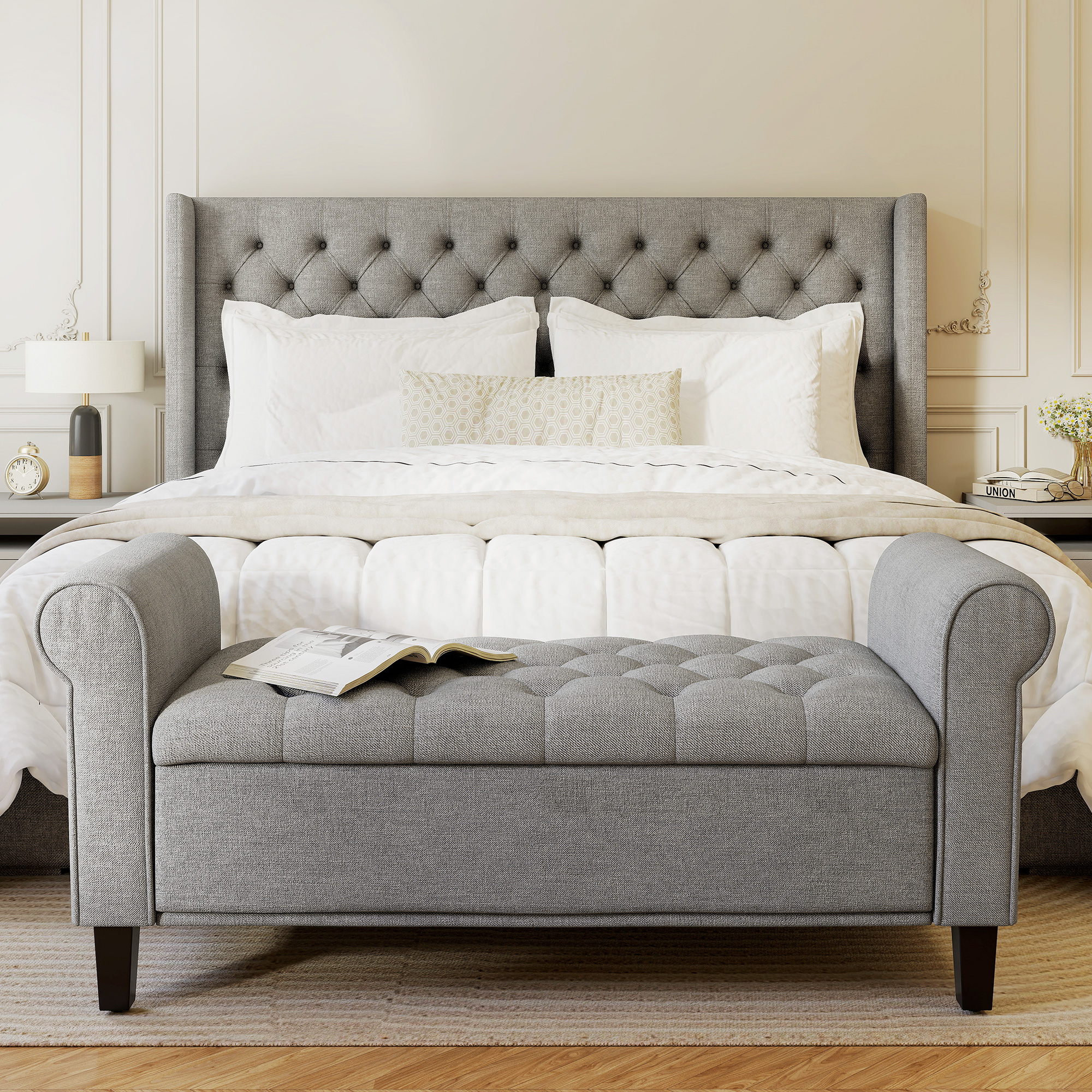 50 Inches Storage Ottoman, End of Bed Bench with Rolled Arms, Wood Legs, Button Tufted Storage Bench…
