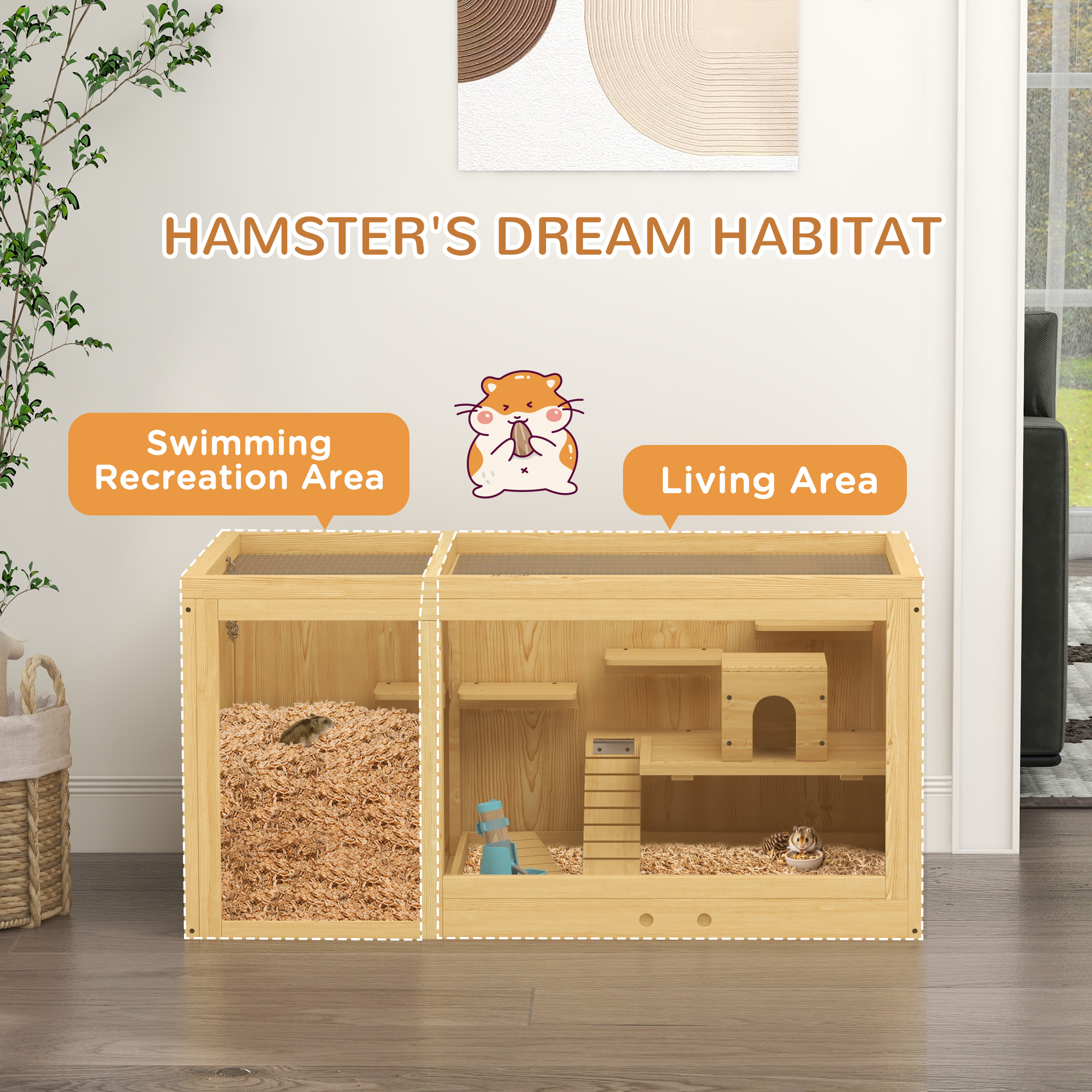  Extra Large Wooden Hamster Cage with Pull-out Tray, Seesaws, Ladder