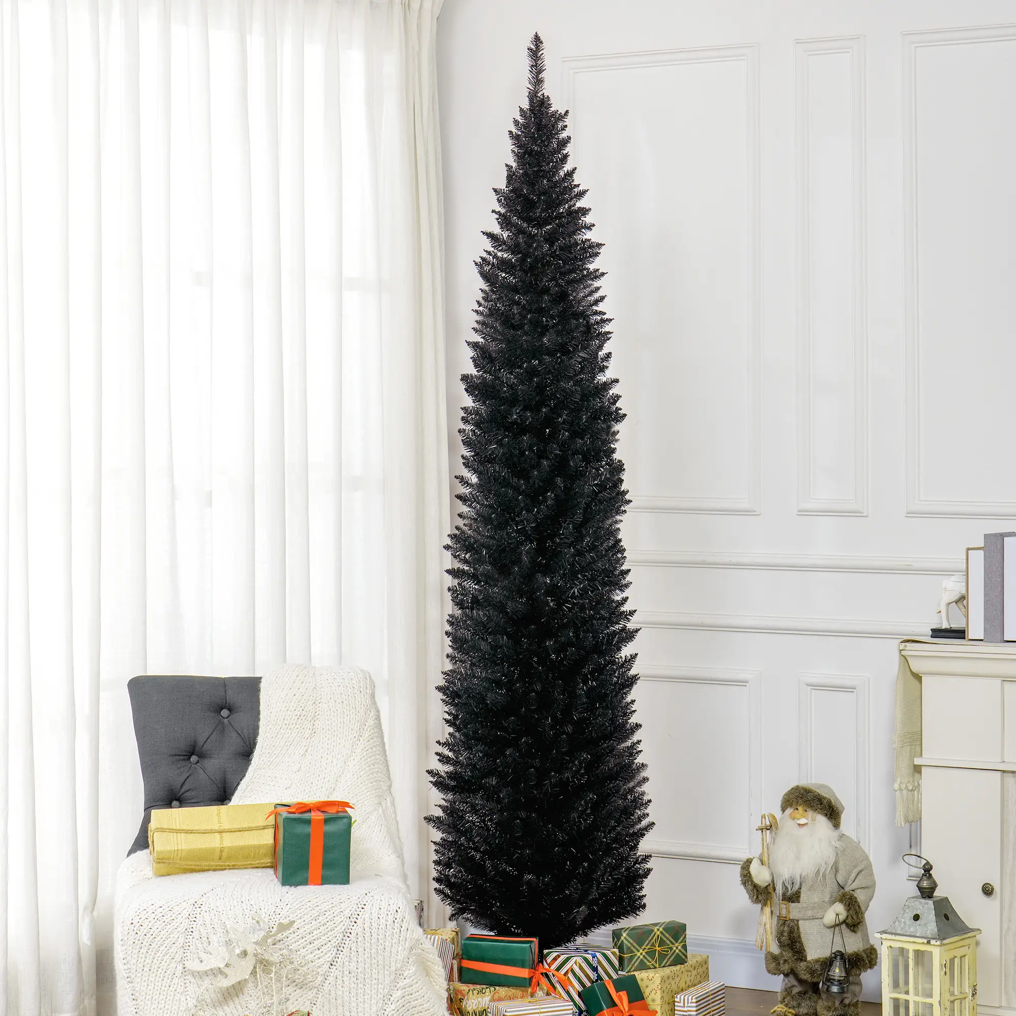 8ft Unlit Pencil Artificial Christmas Tree with Realistic Branches and 618 Tips, Plastic Base, Black