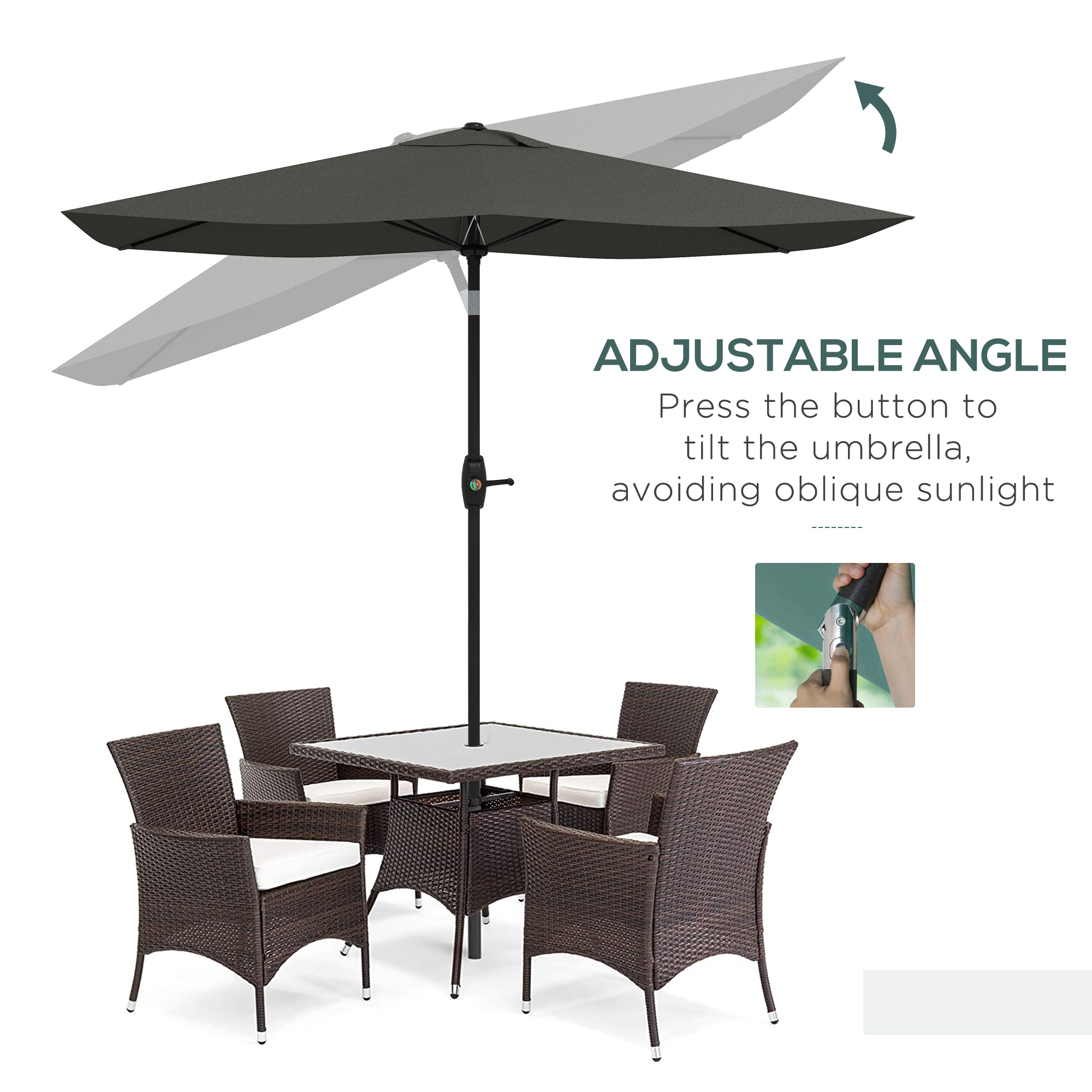 6.5' x 10' Rectangular Outdoor Patio Table Market Umbrella with Crank and Push Button Tilt, Dark Gray - Image 3