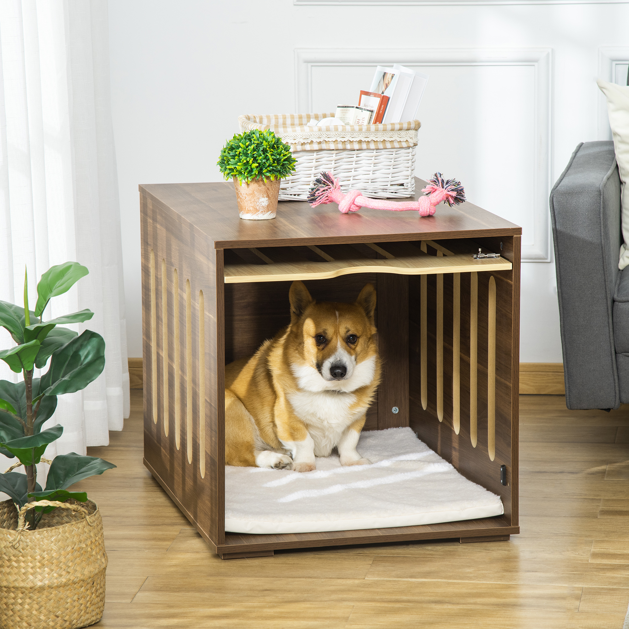  Furniture Style Dog Crate End Table with Removable Door Panel, Dog Crate Bed with Foam Cushion, Safety Lock, Indoor Use, for Small & Medium Dogs, Brown