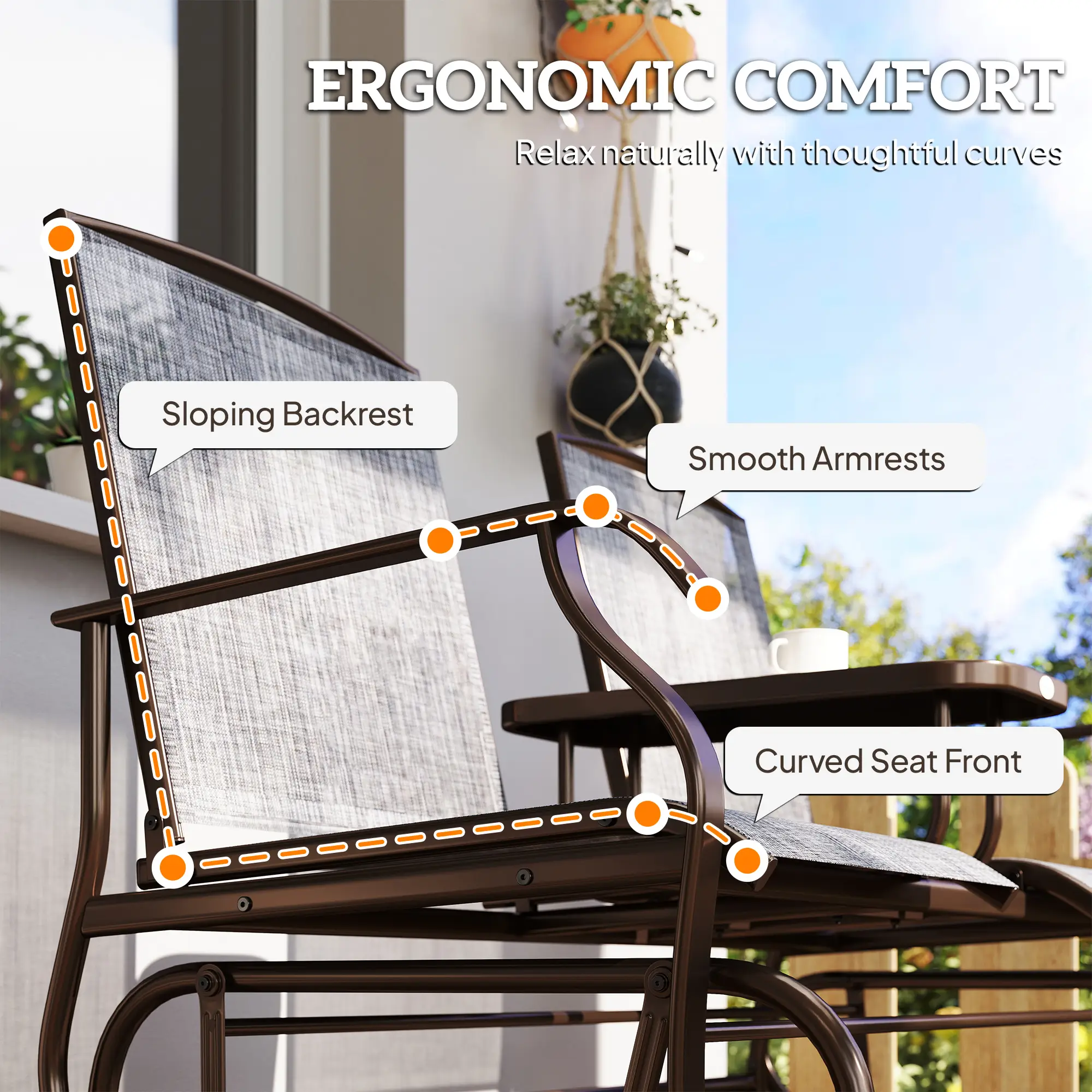 2-Seat Outdoor Glider Swing, Center Coffee Table and Independent Chairs, Supports Up to 352 lbs., Loveseat with Breathable Sling for Backyard, Garden, and Porch