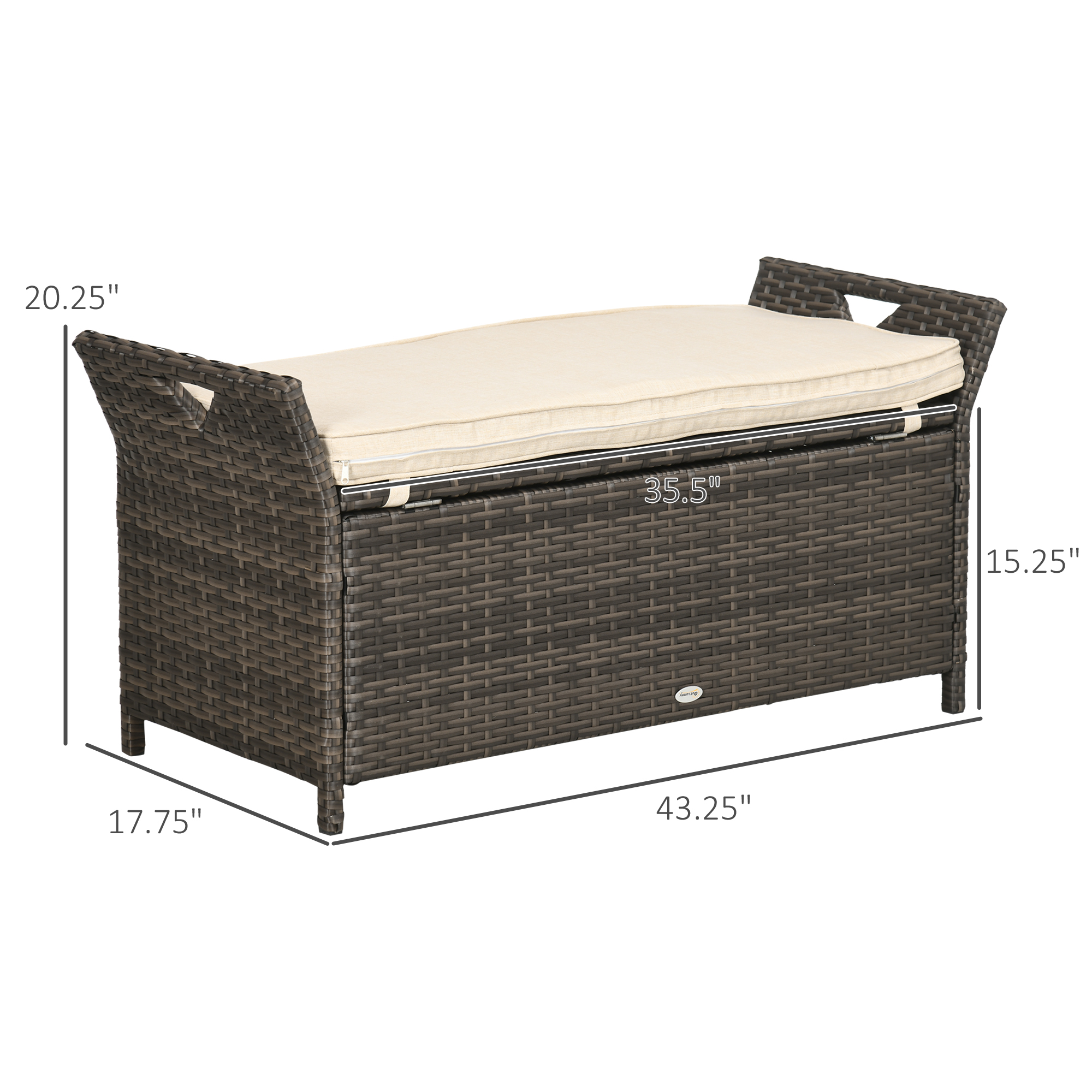 29 Gallon Patio Wicker Storage Bench, Outdoor PE Rattan Patio Furniture, 2-In-1 Large Capacity Rectangle Garden Storage Box with Handles and Cushion, Cream White