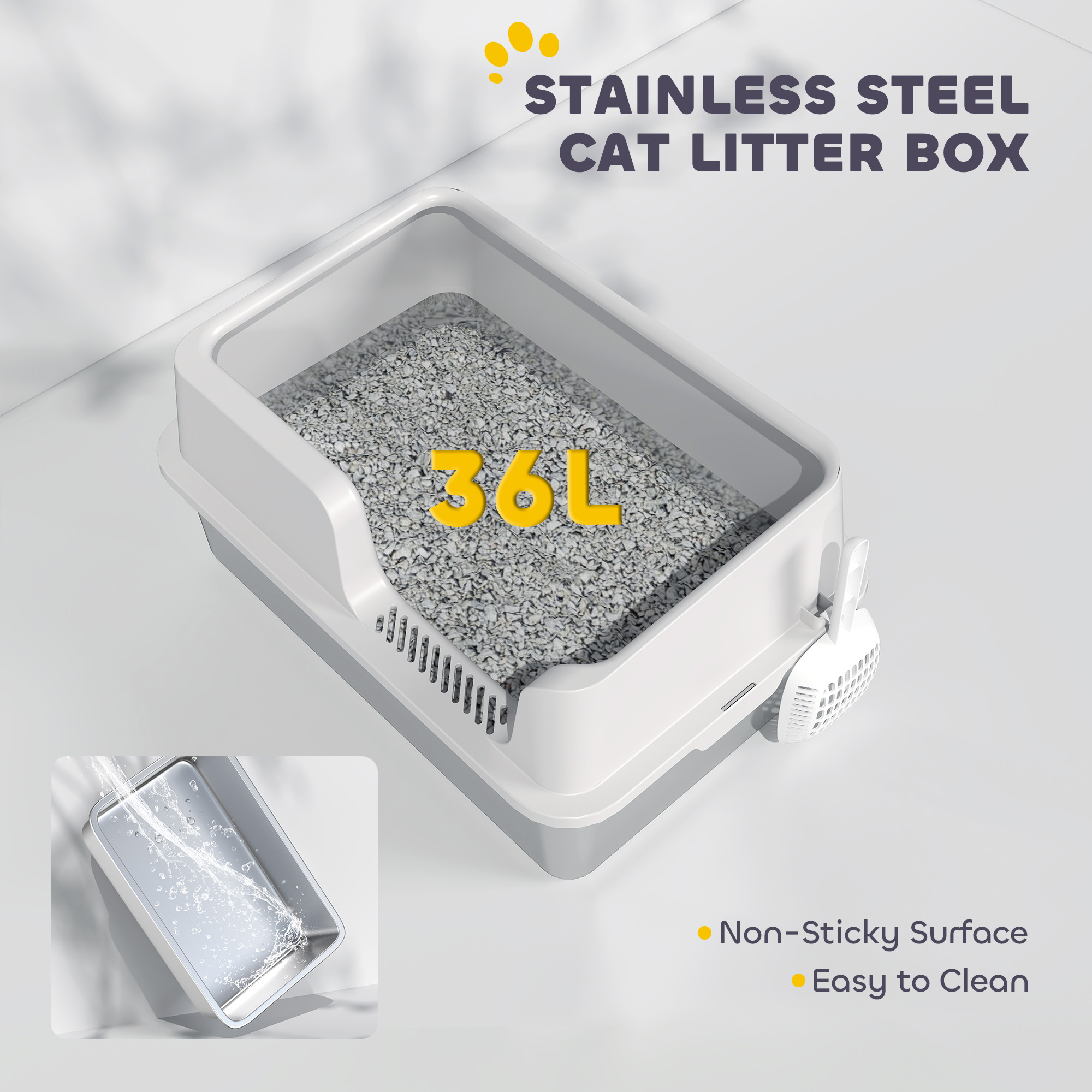  Stainless Steel Litter Box with High Side, Scoop, Easy Cleaning & Anti-Urine Leakage, for Big Cats, Light Gray