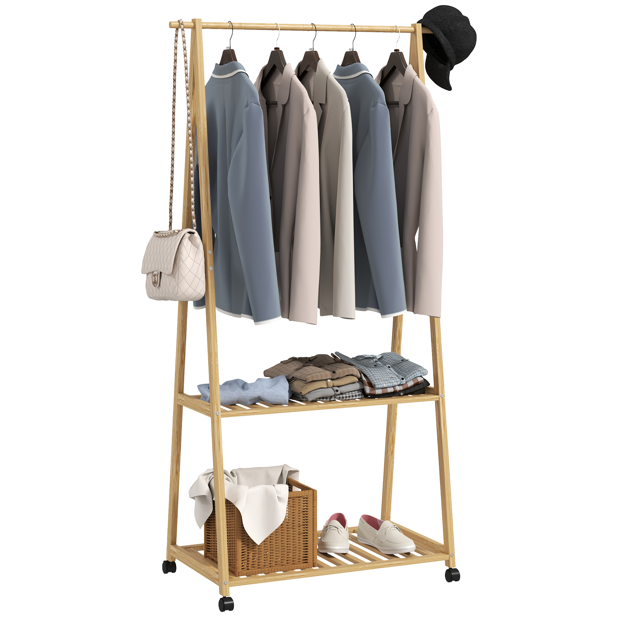 Bamboo Clothes Rack, With Shelves And Hooks - Natural Finish — image 4