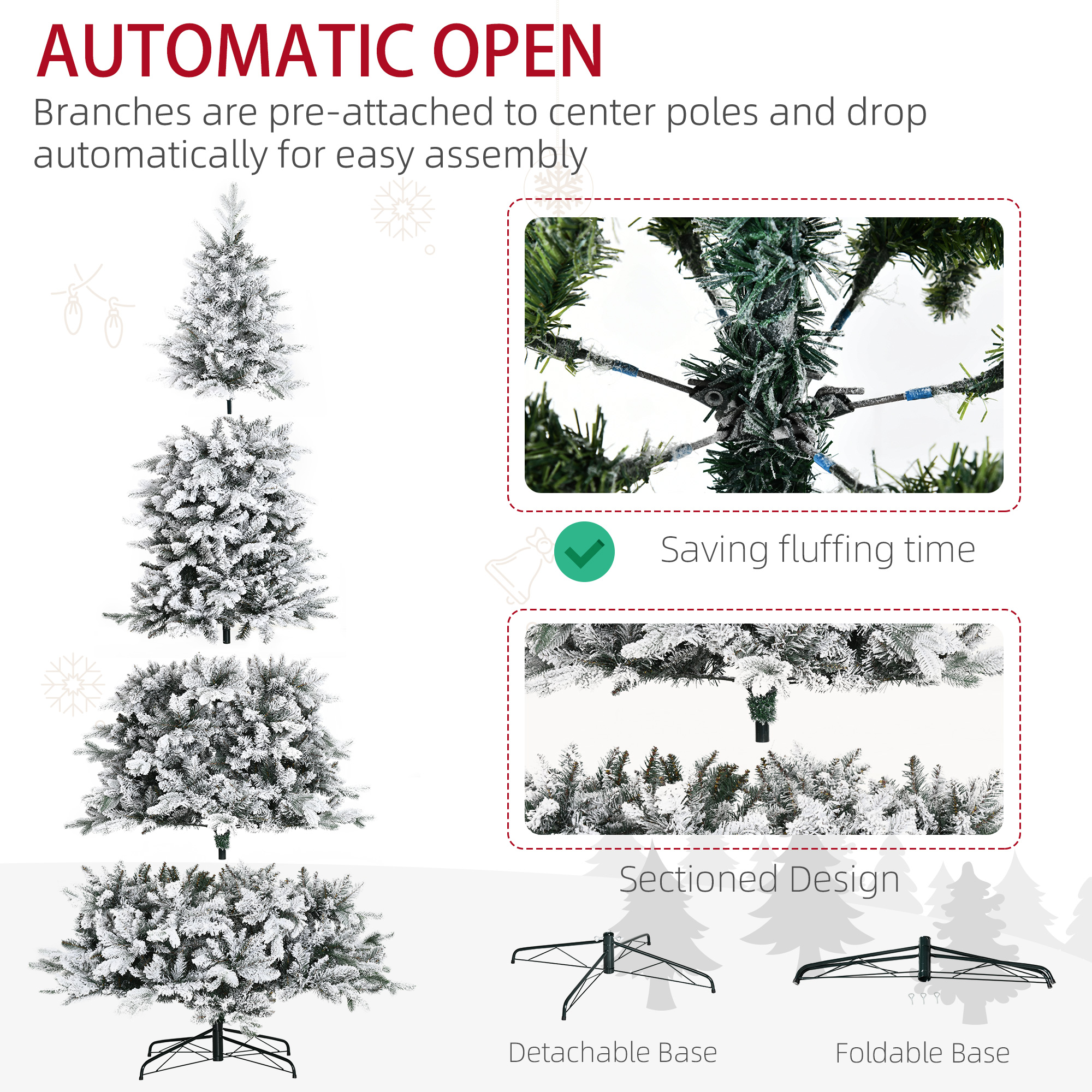  9 Foot Pine Snow Flocked Artificial Christmas Tree with 616 Realistic Cedar Branches, Auto Open, Home Holiday Decoration, Green