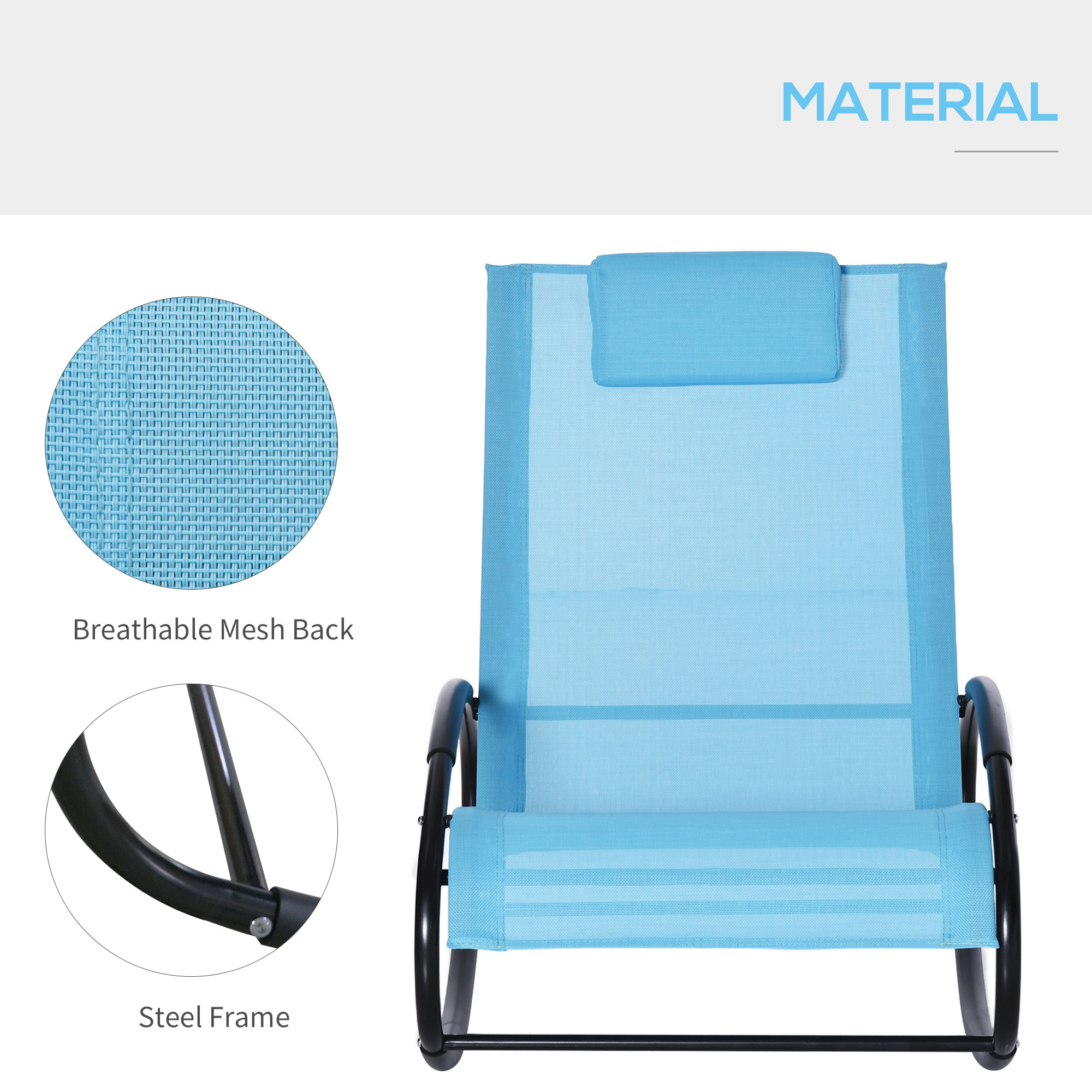  Pool Lounger, Outdoor Rocking Lounge Chair for Sunbathing, Pool, Beach, Porch with Pillow and Cool Mesh, Sun Tanning Rocker, Sky Blue