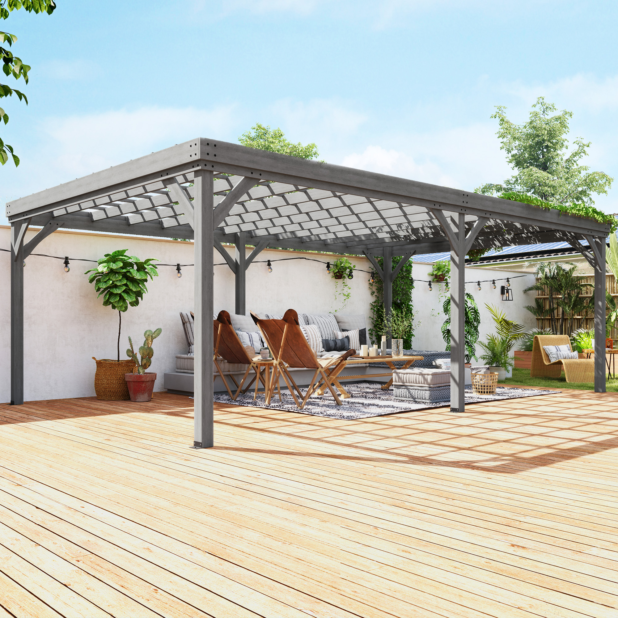 12 x 20 Outdoor Wooden Pergola, Grape Vine Gazebo with Concrete Anchors for Garden, Patio, Backyard, Deck, Gray