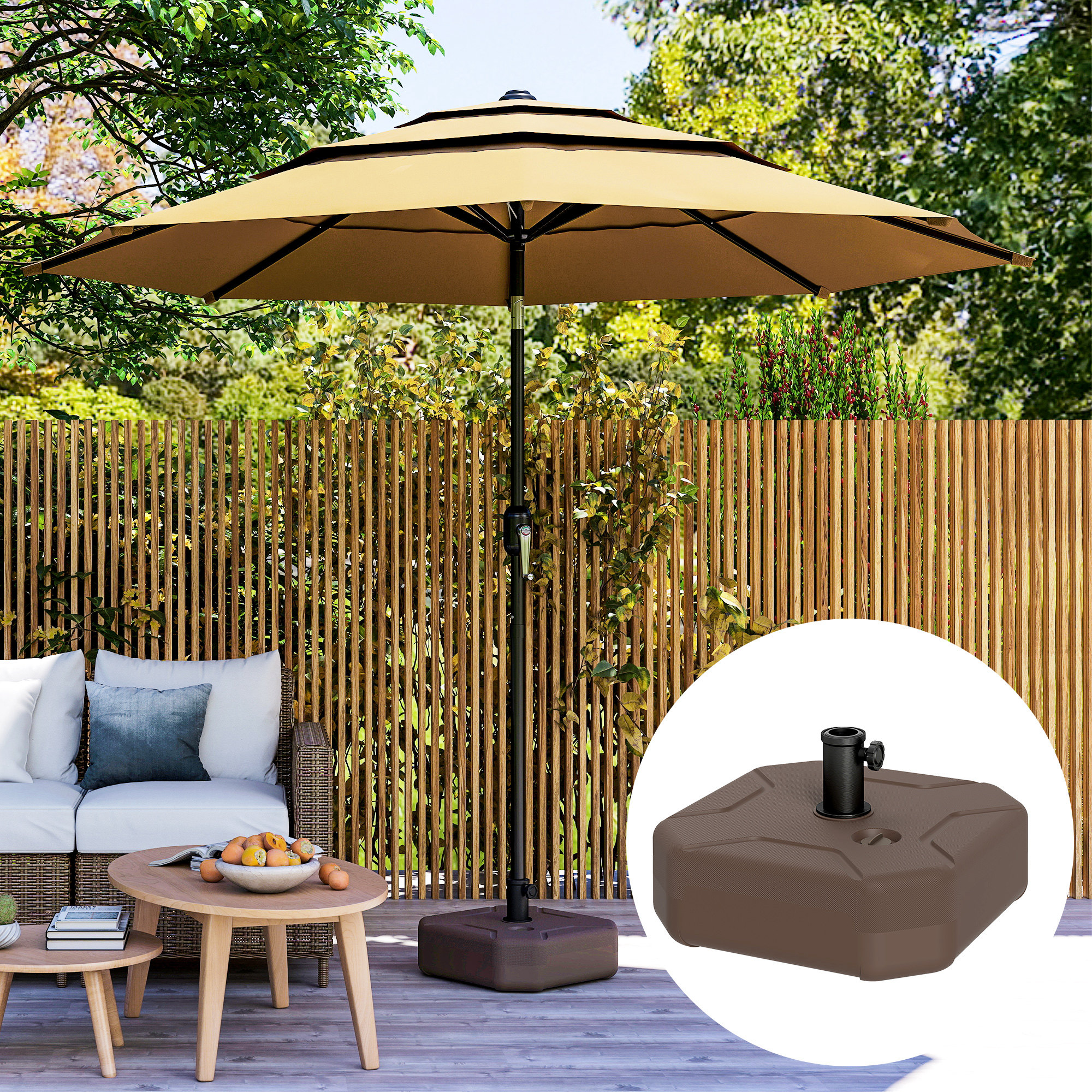 Square Patio Umbrella Base Holder, Heavy Duty Outdoor Umbrella Stand Base, Filled Up to 55lbs with Stand or 44lbs with Water for Garden, Poolside, Brown