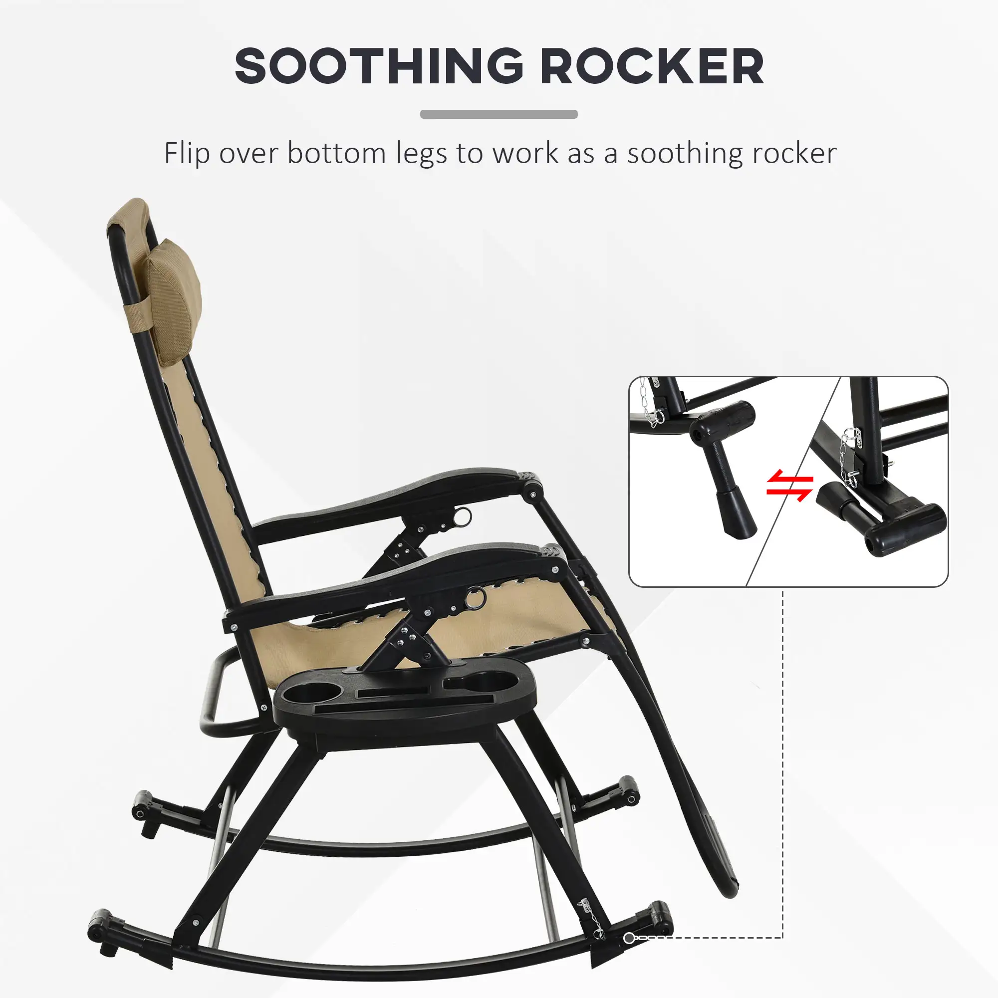 2 Outdoor Rocking Chairs Foldable Reclining Zero Gravity Lounge Rockers w/ Pillow Cup & Phone Holder, Beige