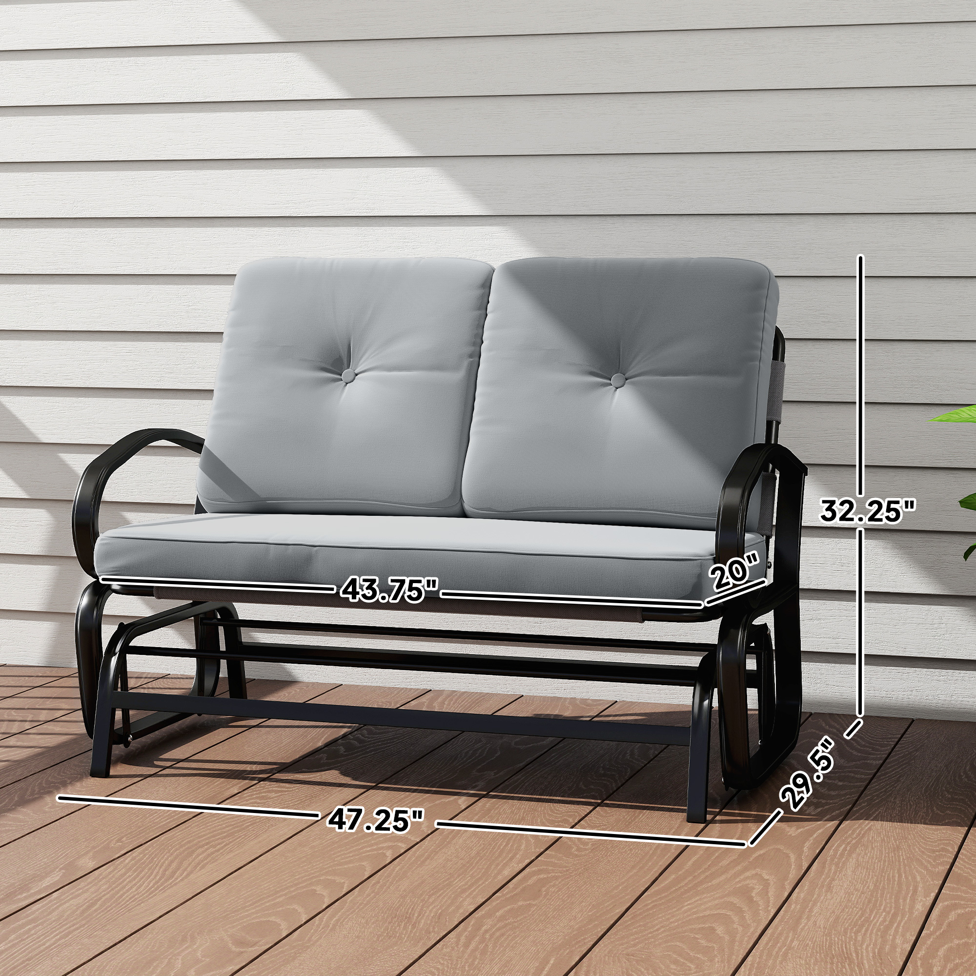 Outdoor Glider Bench, 2-Person Patio Rocker Loveseat with Tufted Cushions, Steel Frame for Porch, Garden Backyard, Gray