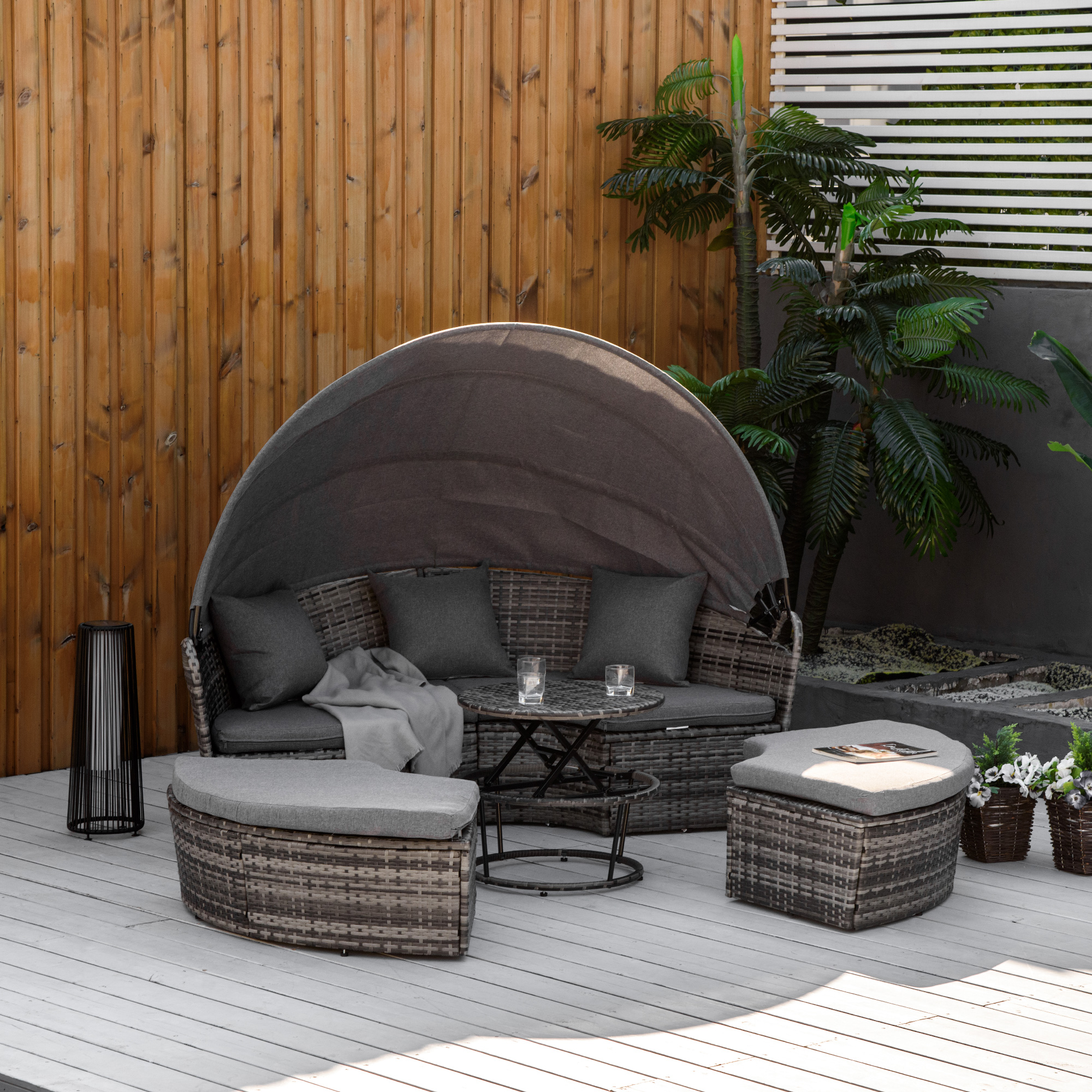  4 Piece Round Rattan Daybed, Convertible Patio Furniture Set, Adjustable Sun Canopy, Sectional Outdoor Sofa, 2 Chairs, Extending Tea Table Ottoman Chair, 3 Pillows, Gray