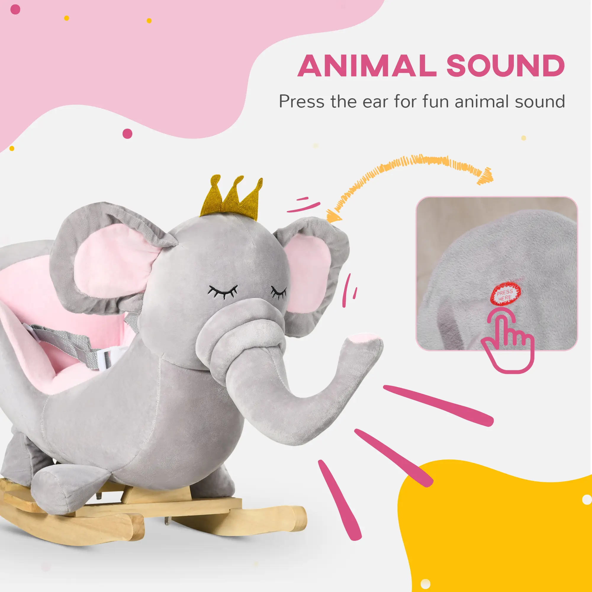 Baby Rocking Horse Elephant Rocking Chair Toddler Rocker Toy with Sound Wooden Base Seat for 1.5-3 Year Old, Gray