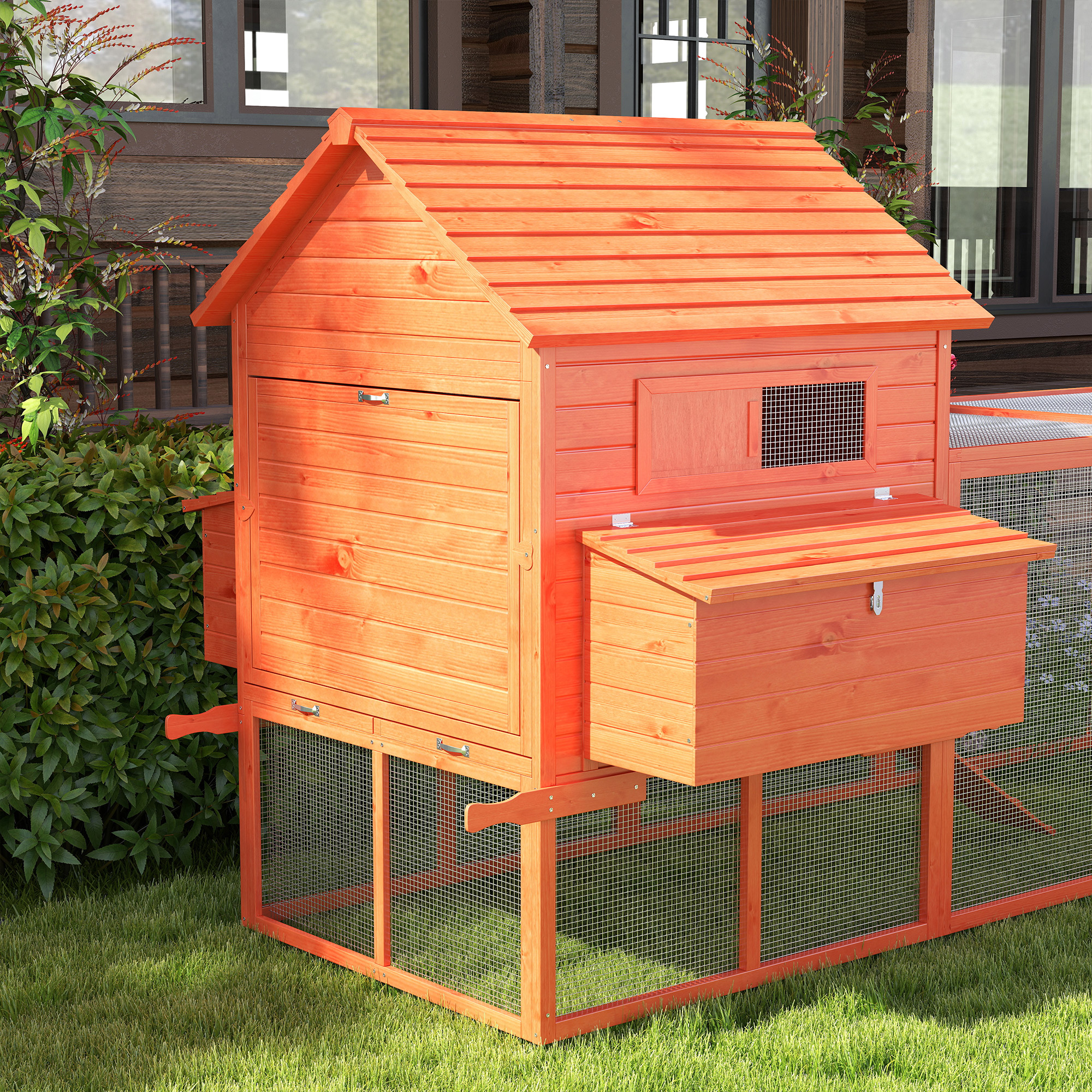  145" Wooden Chicken Coop with Run & Inner Hen House Space