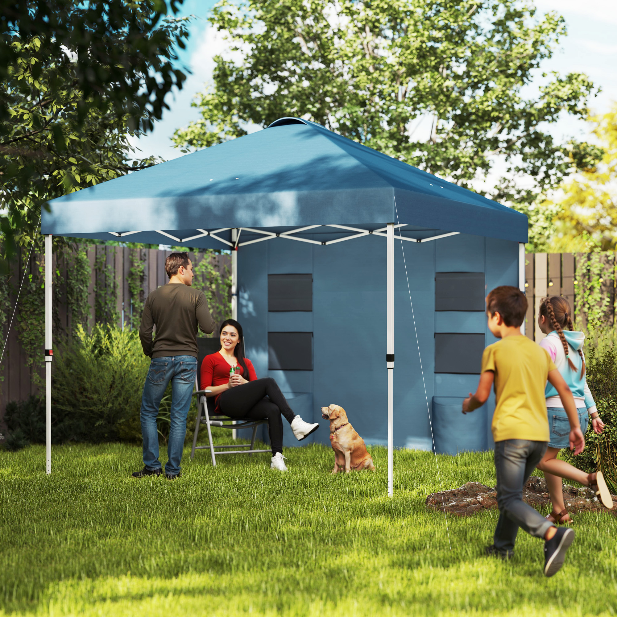 10 x 10 Pop Up Canopy Tent w/ Sidewall, UPF50+ Height Adjustable Instant Sun Shelter w/ Storage Pockets, Sea Blue