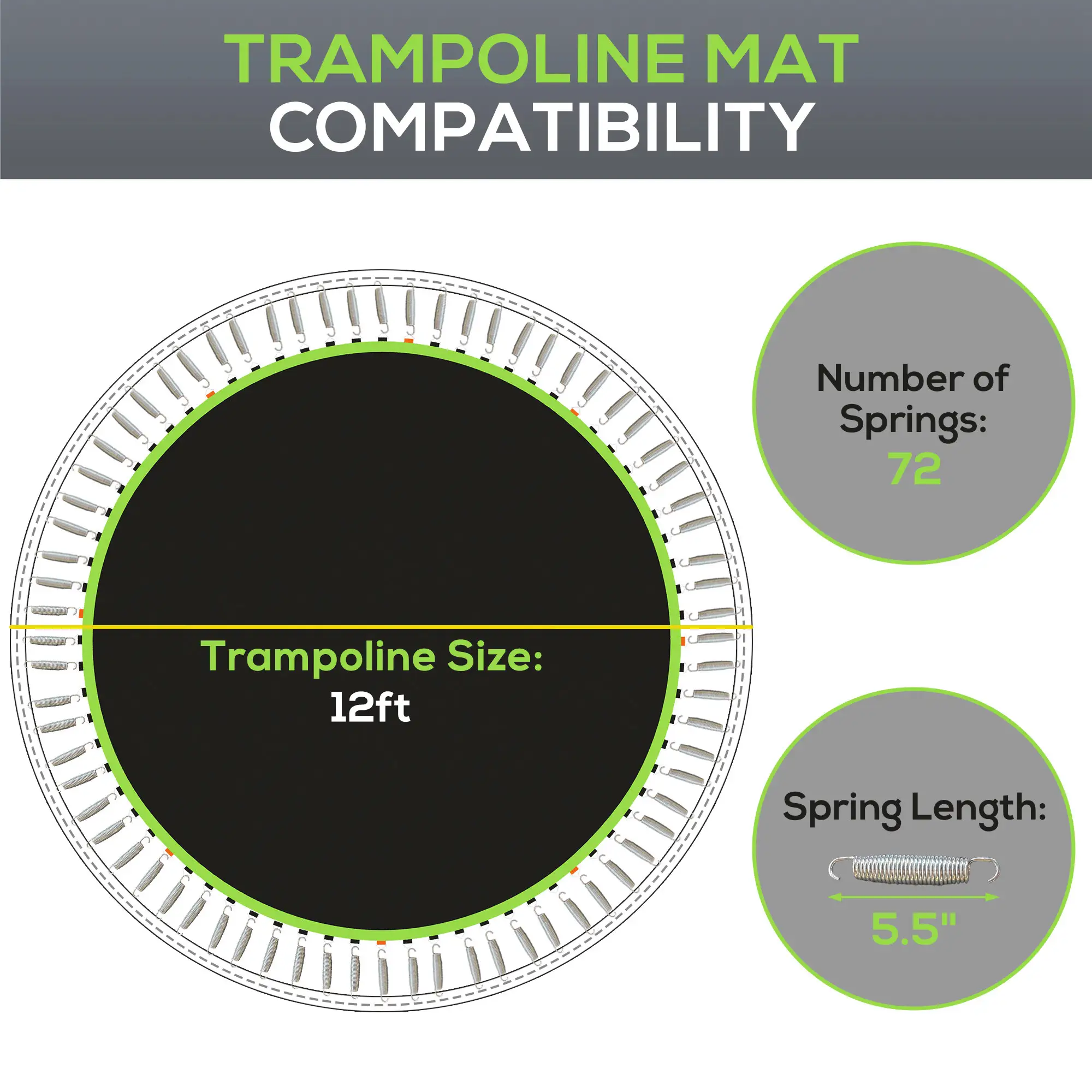 Trampoline Replacement Mat, Fits 12 Trampoline w/ 72 V-Hooks & 5.5" Springs (Spring & Frame not Included), Green