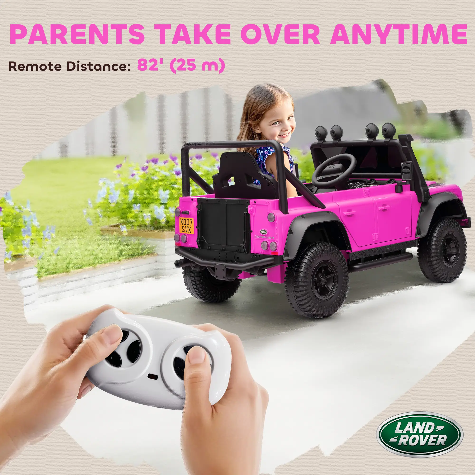 Land Rover Licensed Electric Car for Kids with Remote Control, Dual Motors, Spring Suspension, LED Lights, Pink