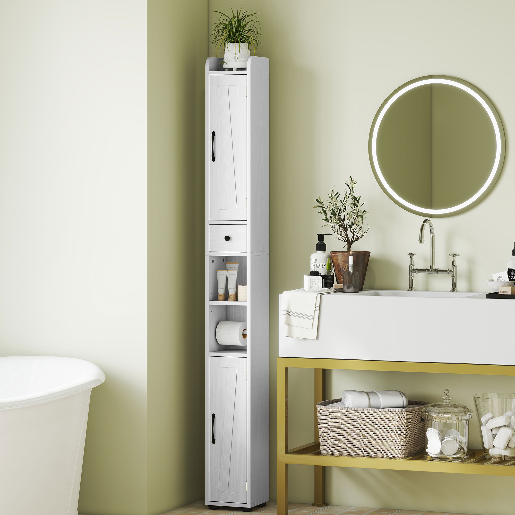 Tall Bathroom Cabinet, Farmhouse Slim Storage With Barn Doors, Toilet Paper — image 2