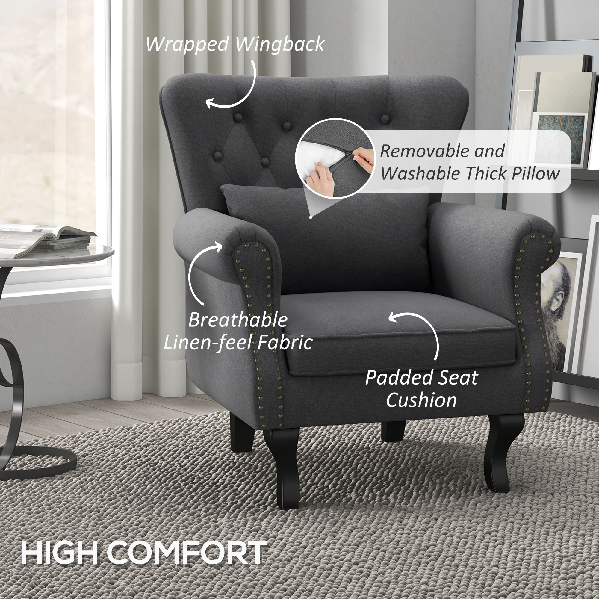 Chesterfield-Style Accent Chair - Grey — image 2