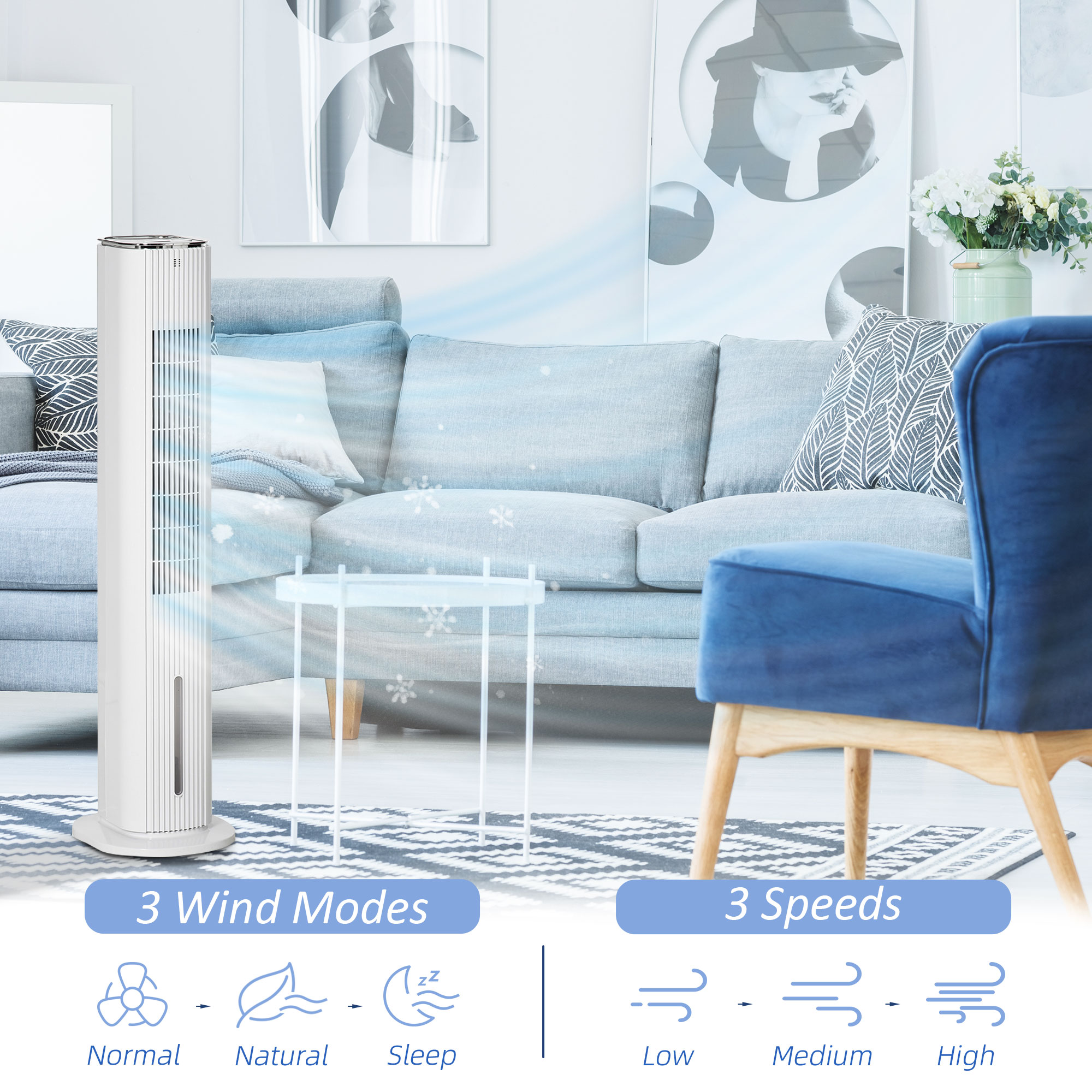  42" 3-In-1 Evaporative Air Cooler with Water Tank, Ice Cooling Fan with Humidifier, 52° Oscillating Portable Swamp Cooler for Home Office, 3 Modes, 3 Speeds, 12H Timer, Remote, White