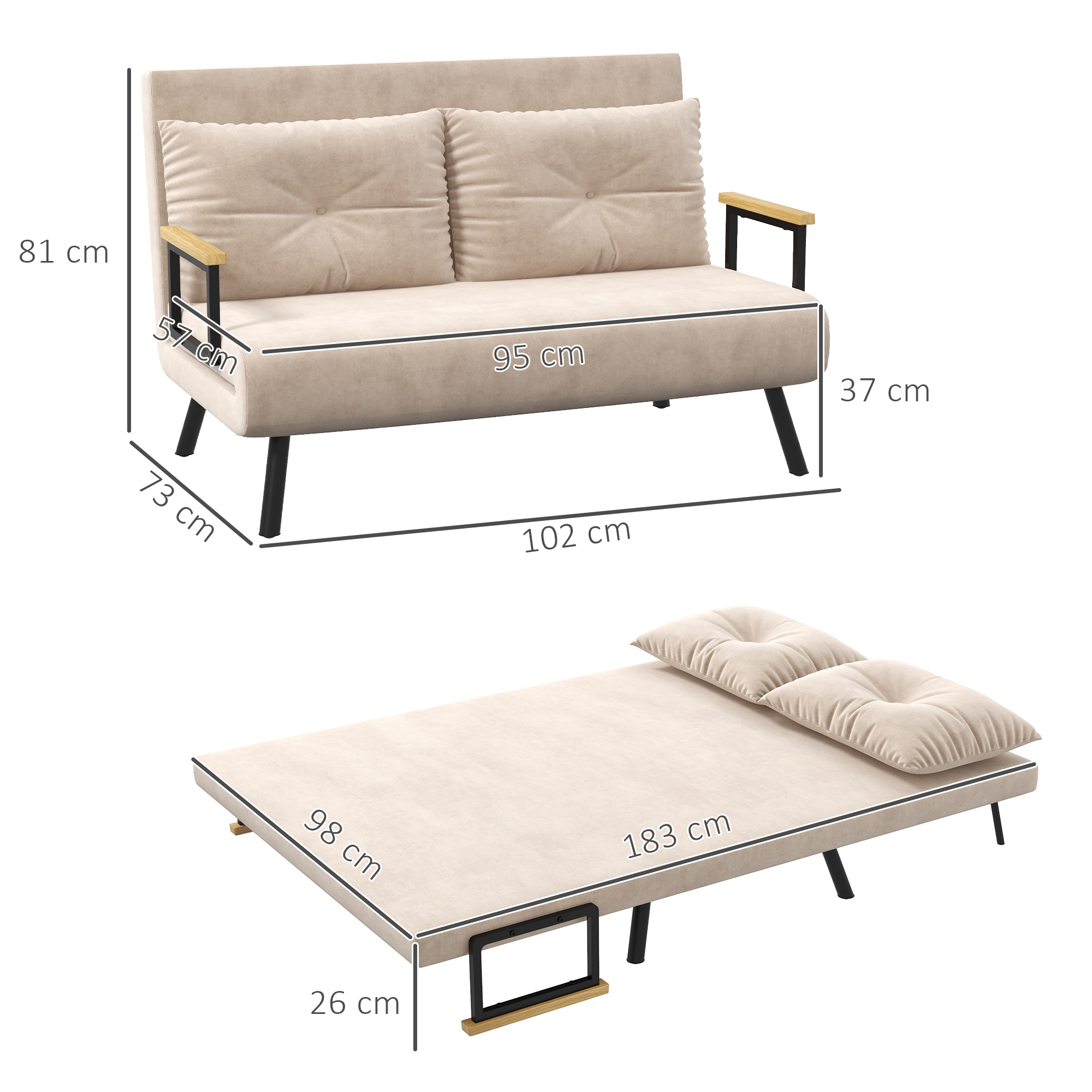 4-in-1 Velvet-Feel Double Sofa Bed, With Pillows - Beige — image 2