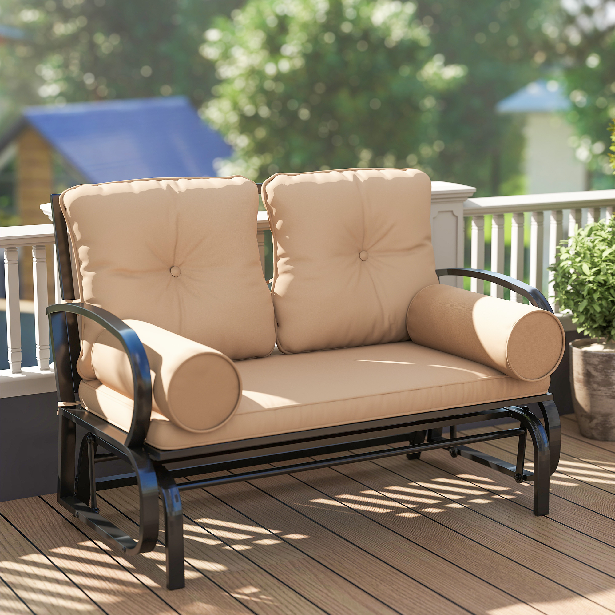  Swing Glider Rocking Chair, Double Patio Bench, 2 Person Loveseat with Steel Frame, Cushions, Pillow Armrests, Khaki