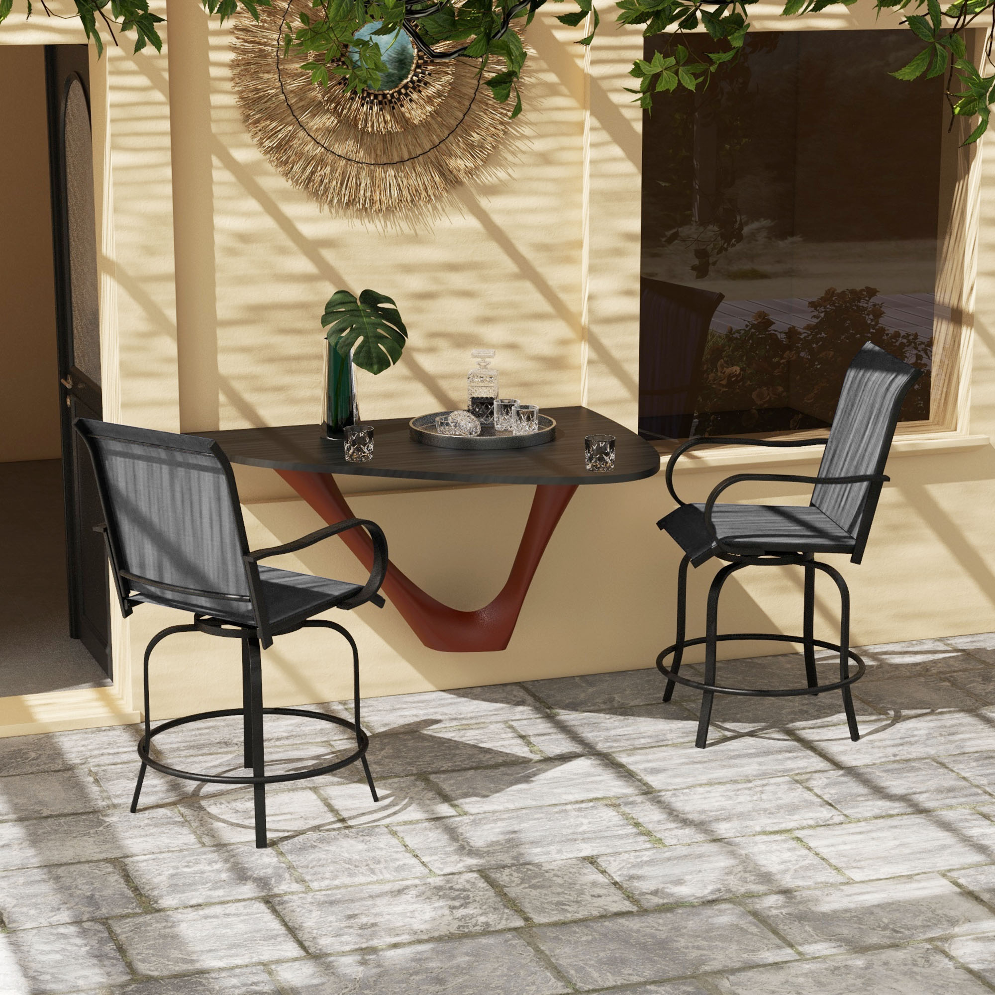 Outdoor Bar Stools Set of 2, 360° Swivel Bar Height Chairs, 26.75" x 29.5" x 48.5", Gray