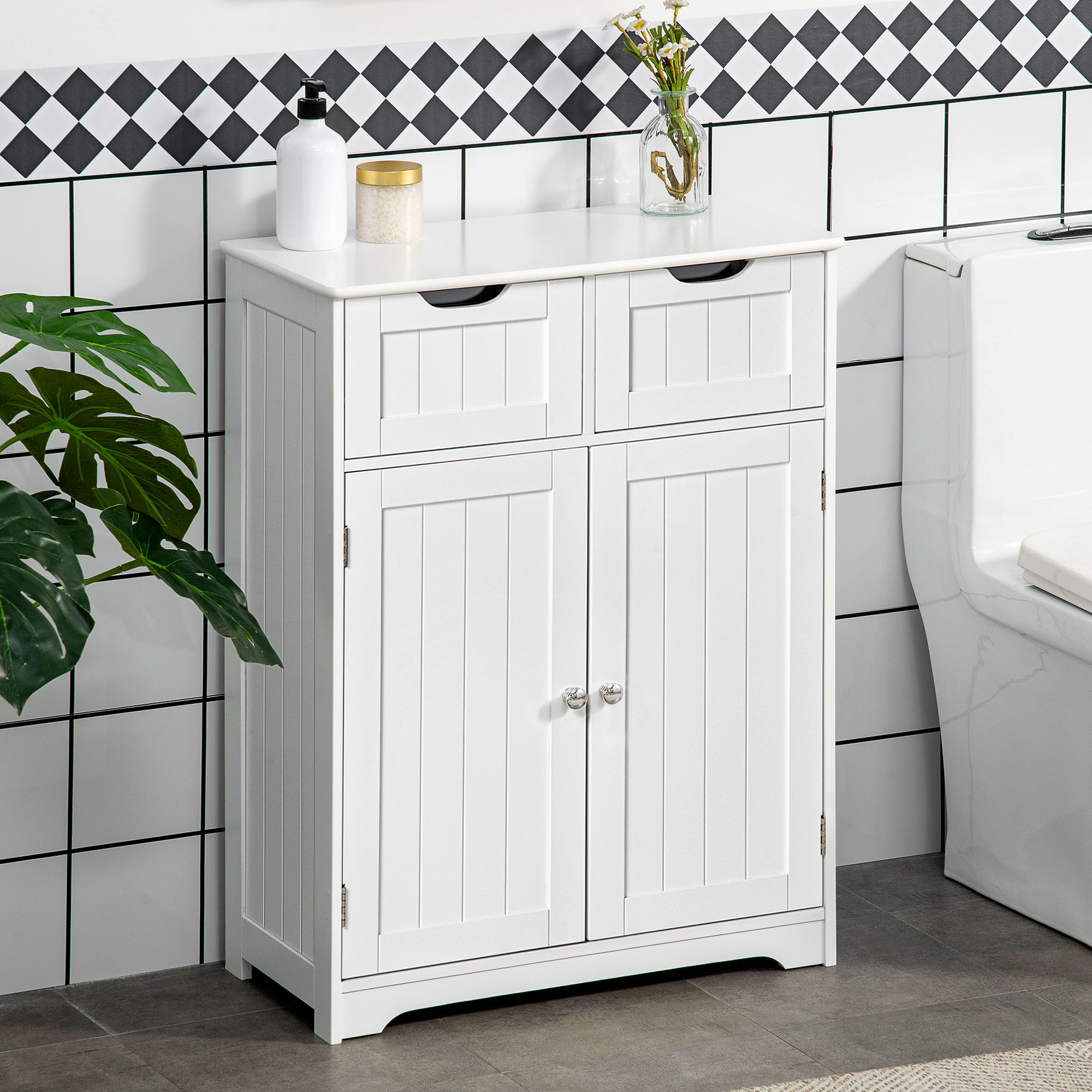 Freestanding Bathroom Storage Cabinet, Floor Cabinet with 2 Drawers, Adjustable Shelf, for Bathroom, Living Room or Entryway, White