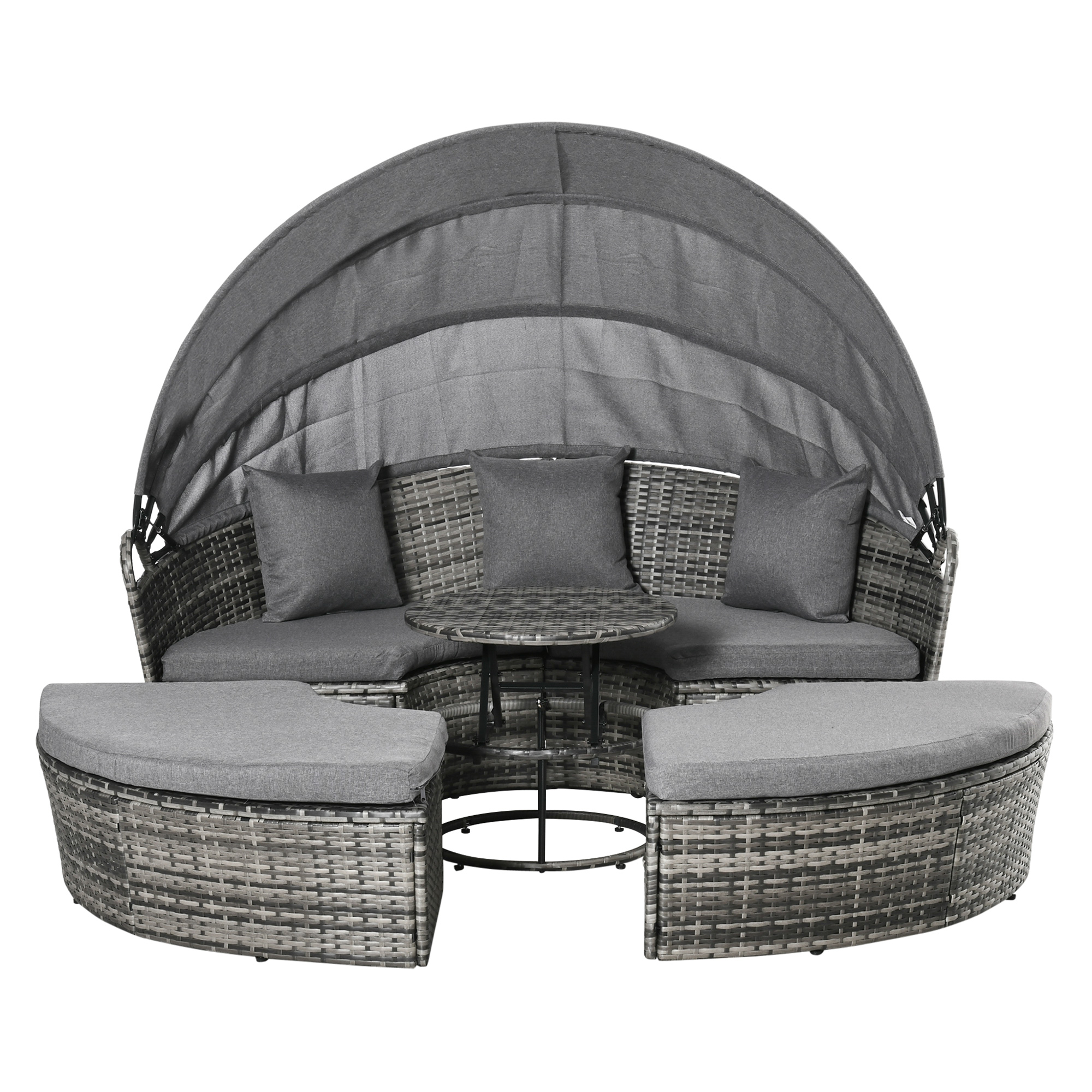 4 Piece Round Rattan Daybed, Convertible Patio Furniture Set, Adjustable