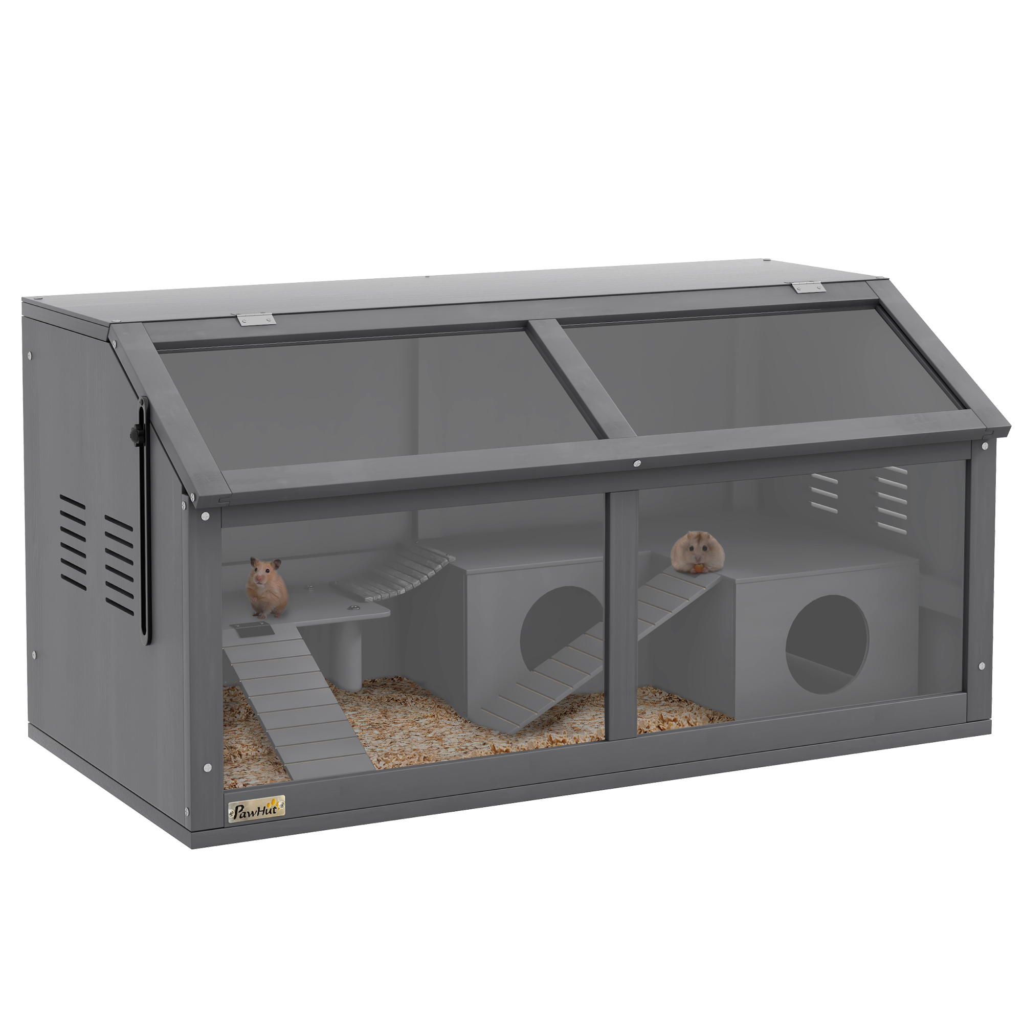 PawHut Hamster Cage, Wooden Small Animal Cage For Gerbils, Mice W/ Suspension Bridge, Openable Top, Hut, 85 X 45 X 44cm - Grey