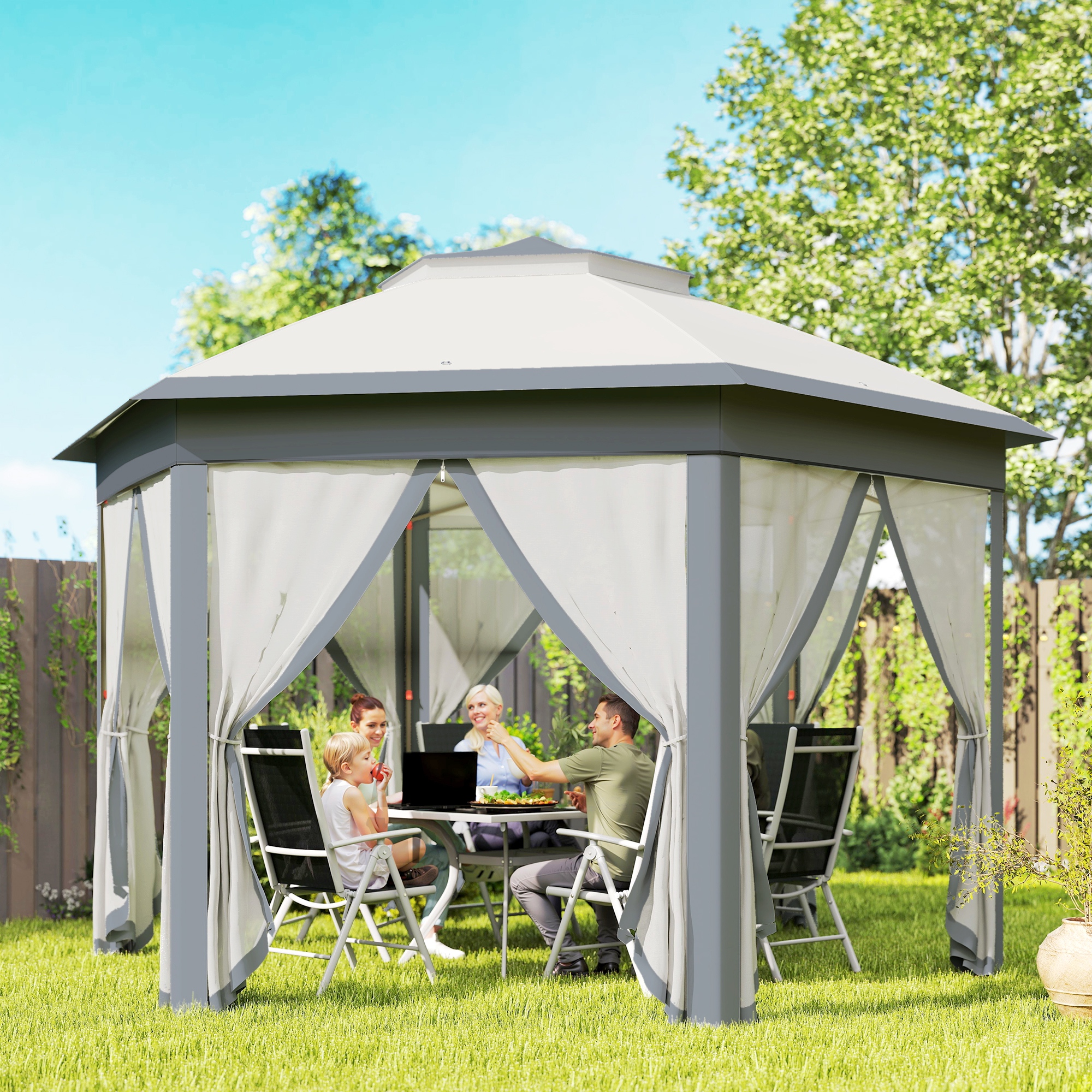 13 x 13 Pop Up Gazebo Hexagonal Canopy Shelter with 6 Zippered Mesh Netting for Patio Backyard Garden Wedding Party