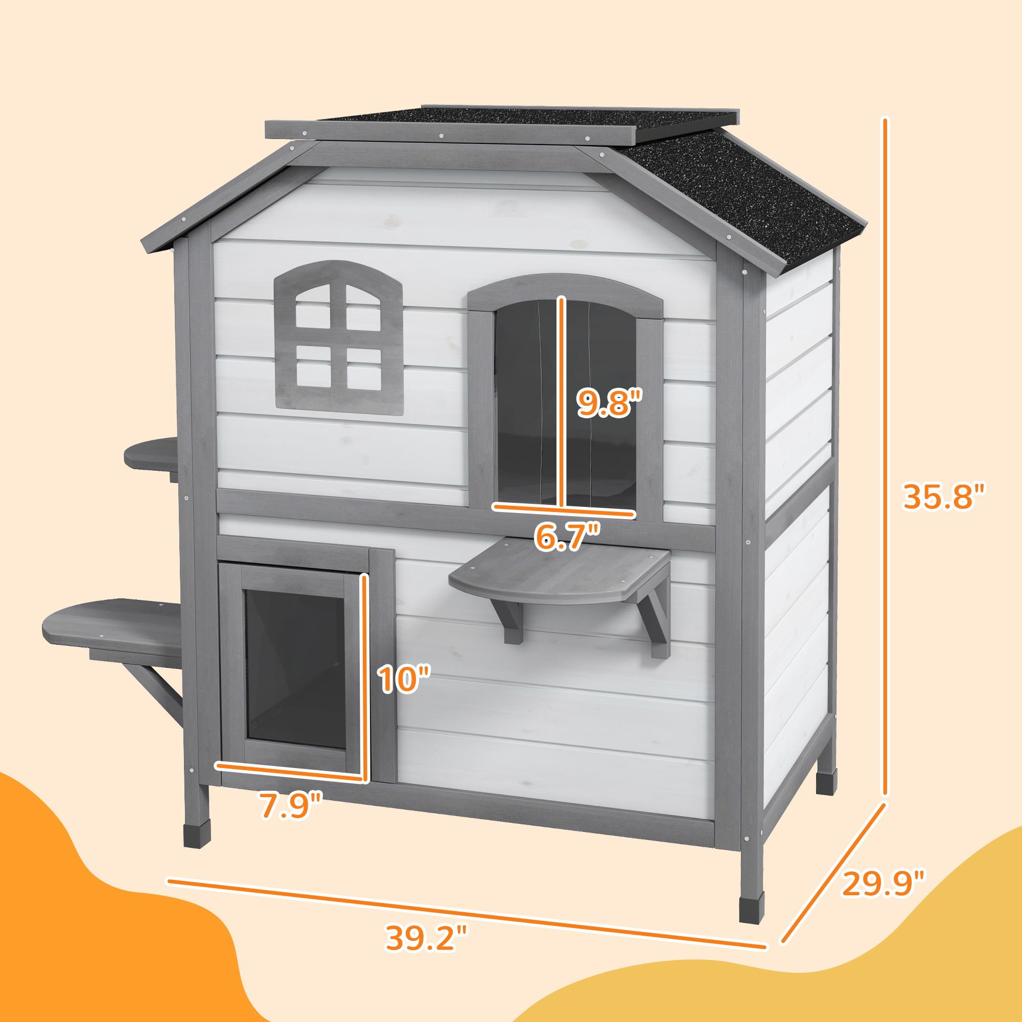  2-story Cat House Outdoor, Weatherproof Wooden Cat Enclosure for Feral Cats with Escape Door, Openable Roof, Jumping Platforms, White