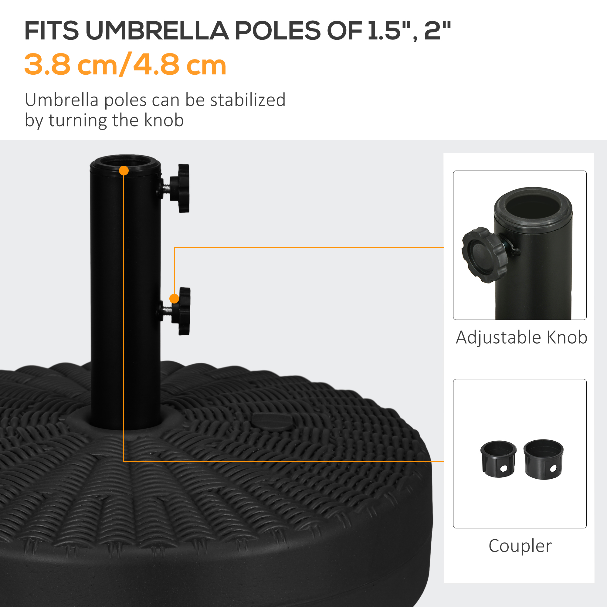 Umbrella Stand for 1.5″ or 2″ Umbrella Poles, Round Fillable Umbrella Base for Outdoor, Lawn, Deck, Black