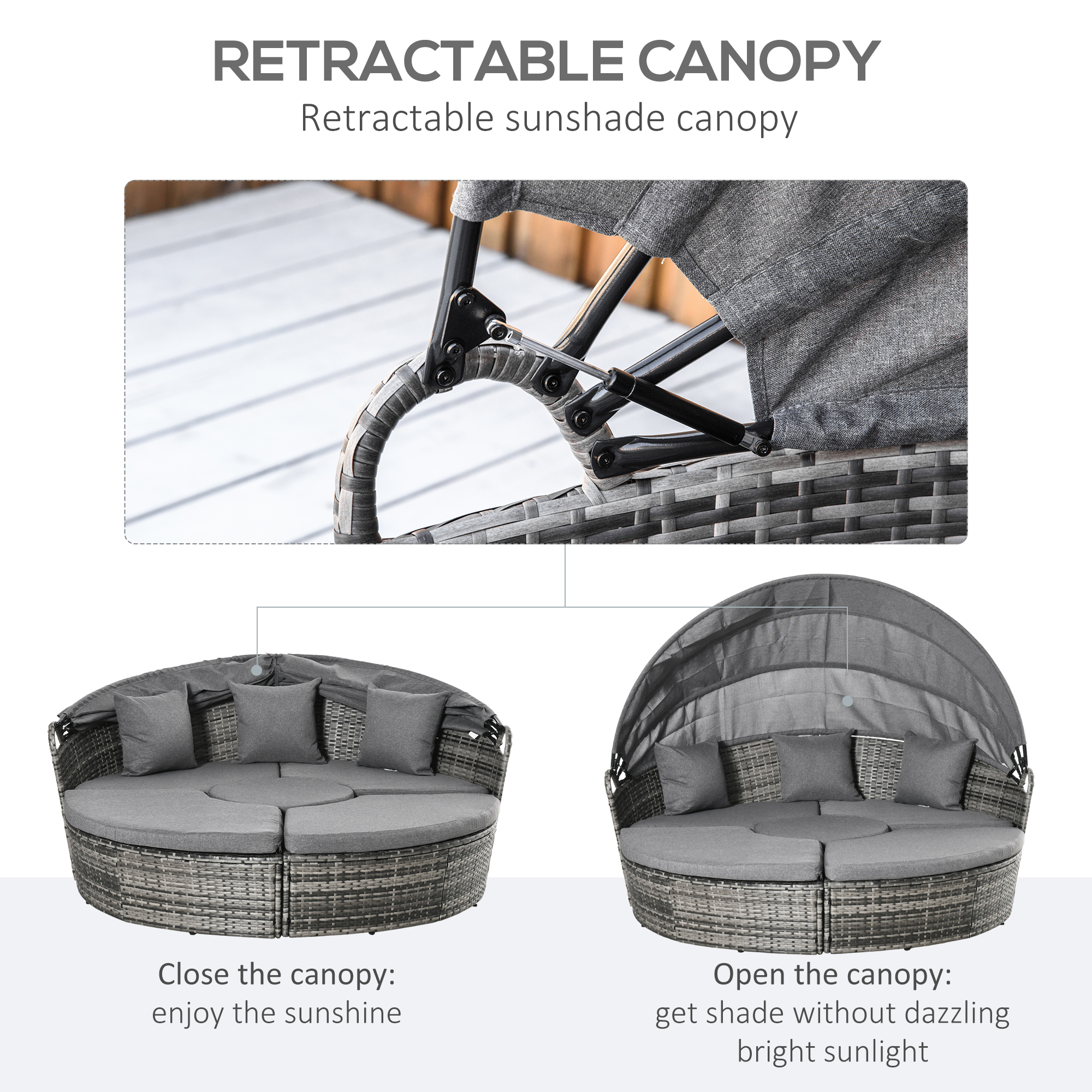  4 Piece Round Rattan Daybed, Convertible Patio Furniture Set, Adjustable Sun Canopy, Sectional Outdoor Sofa, 2 Chairs, Extending Tea Table Ottoman Chair, 3 Pillows, Gray
