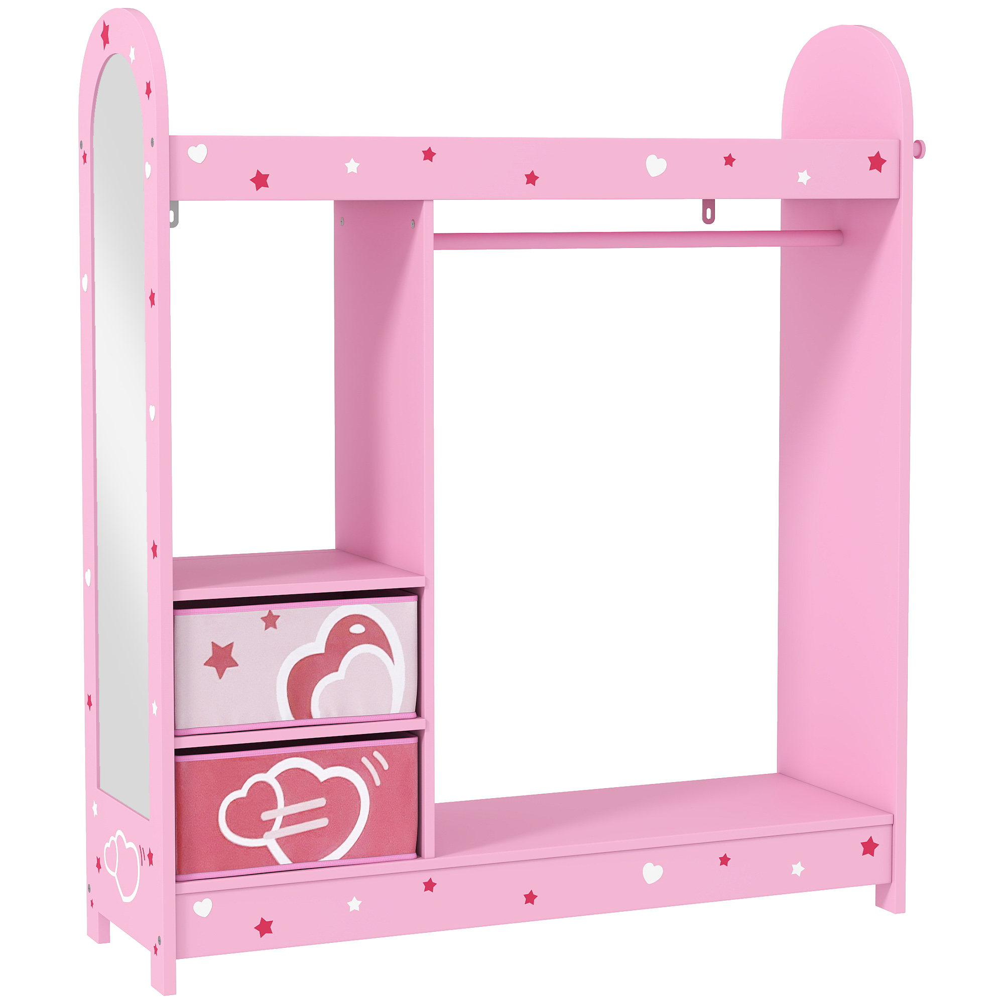 Kids Clothes Rail, Kids Wardrobe With Mirror, Shelves, Fabric Storage And Hooks For Bedroom, Nursery, Pink