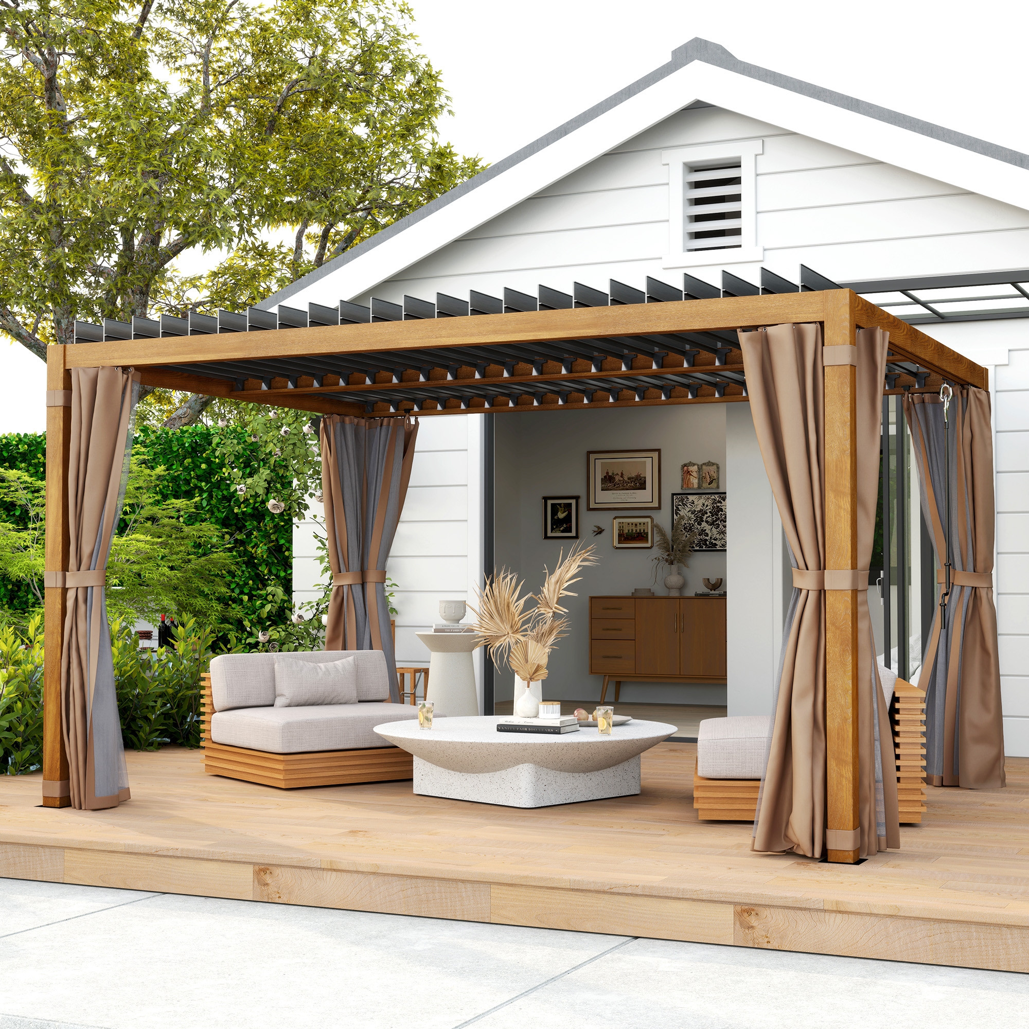 10 x 13 Outdoor Retractable Pergola w/ Sun Shade Louvered Top, Pergola w/ Canopy, Curtains, Netting, Natural Wood
