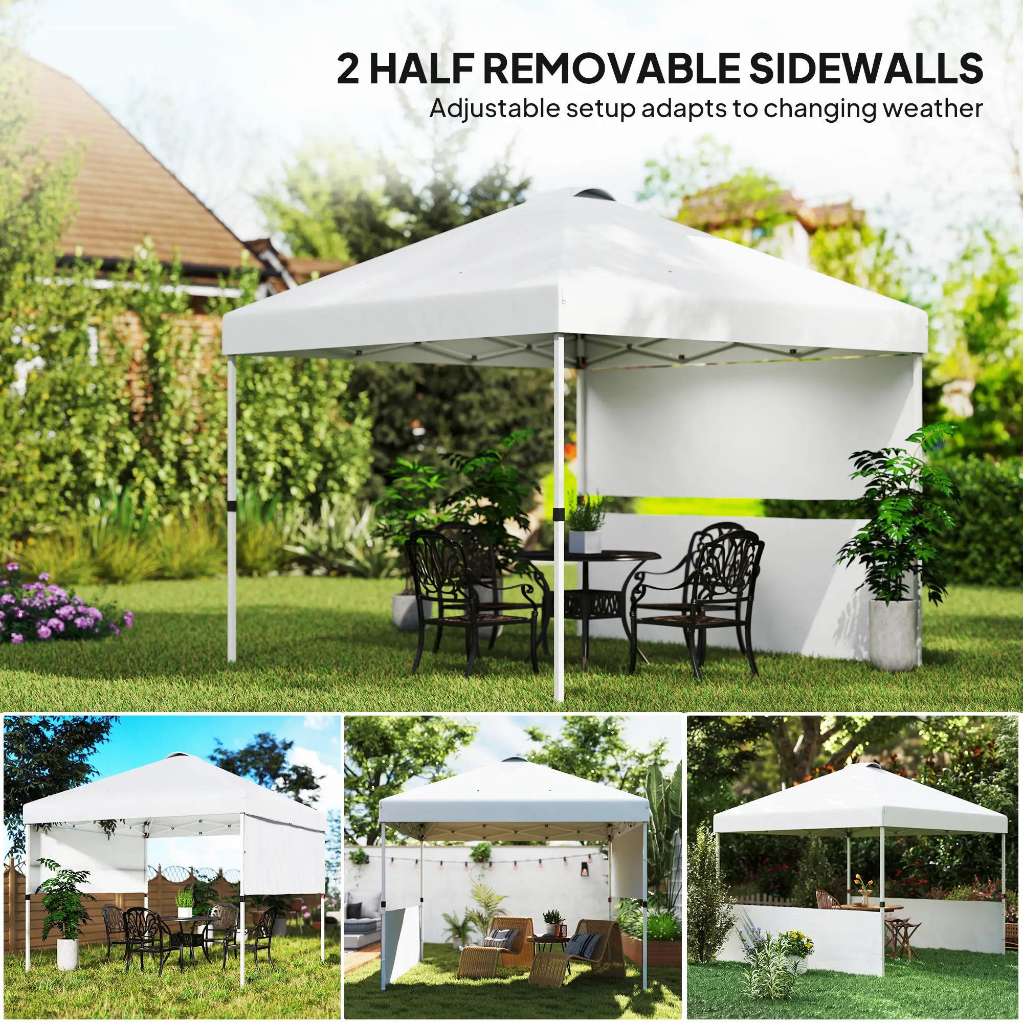 10 x 10 Pop Up Canopy Tent with 2 Half Sidewalls, UV50+ Instant Sun Shelter with Wheeled Carry Bag, White