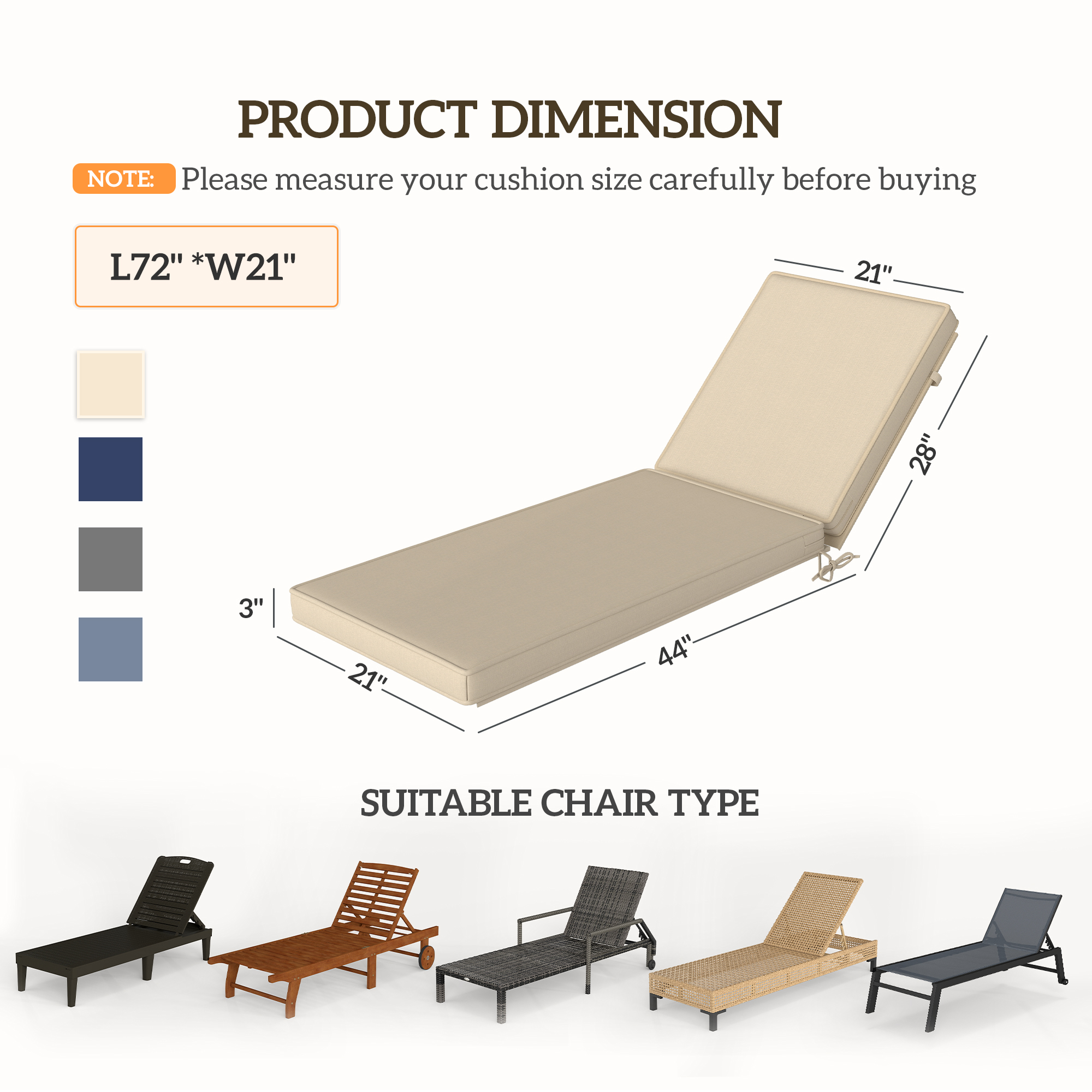 2-Piece Patio Chair Cushions with Backrests, Replacement Cushions for Outdoor Lounge Chair, Beige