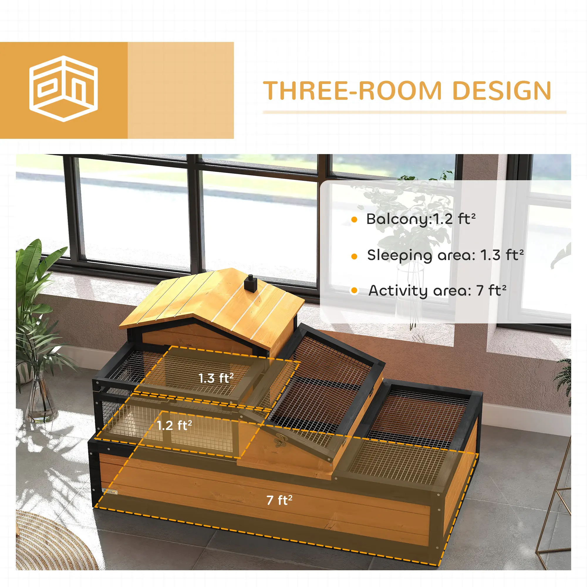 3-Room Tortoise Habitat House w/ Balcony & 2 Stories, 44" x 25.5" x 25", Yellow
