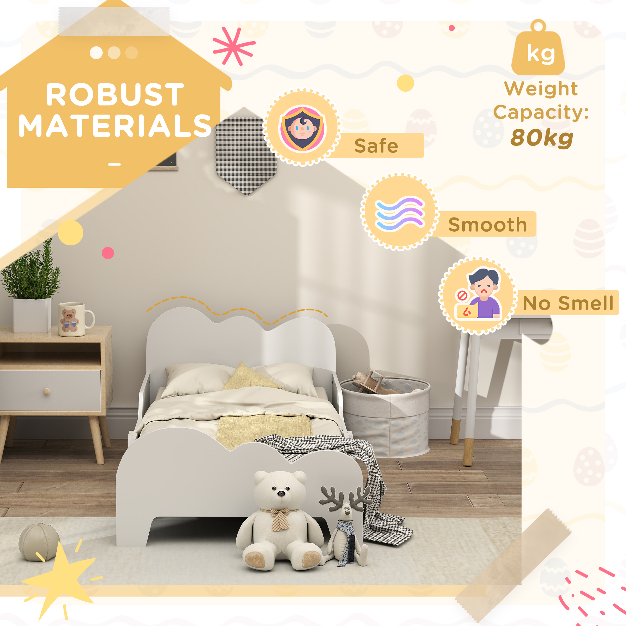 Cloud-Themed Toddler Bed Frame With Safety Rails, 143.5 X 74.5 X 56cm — image 3