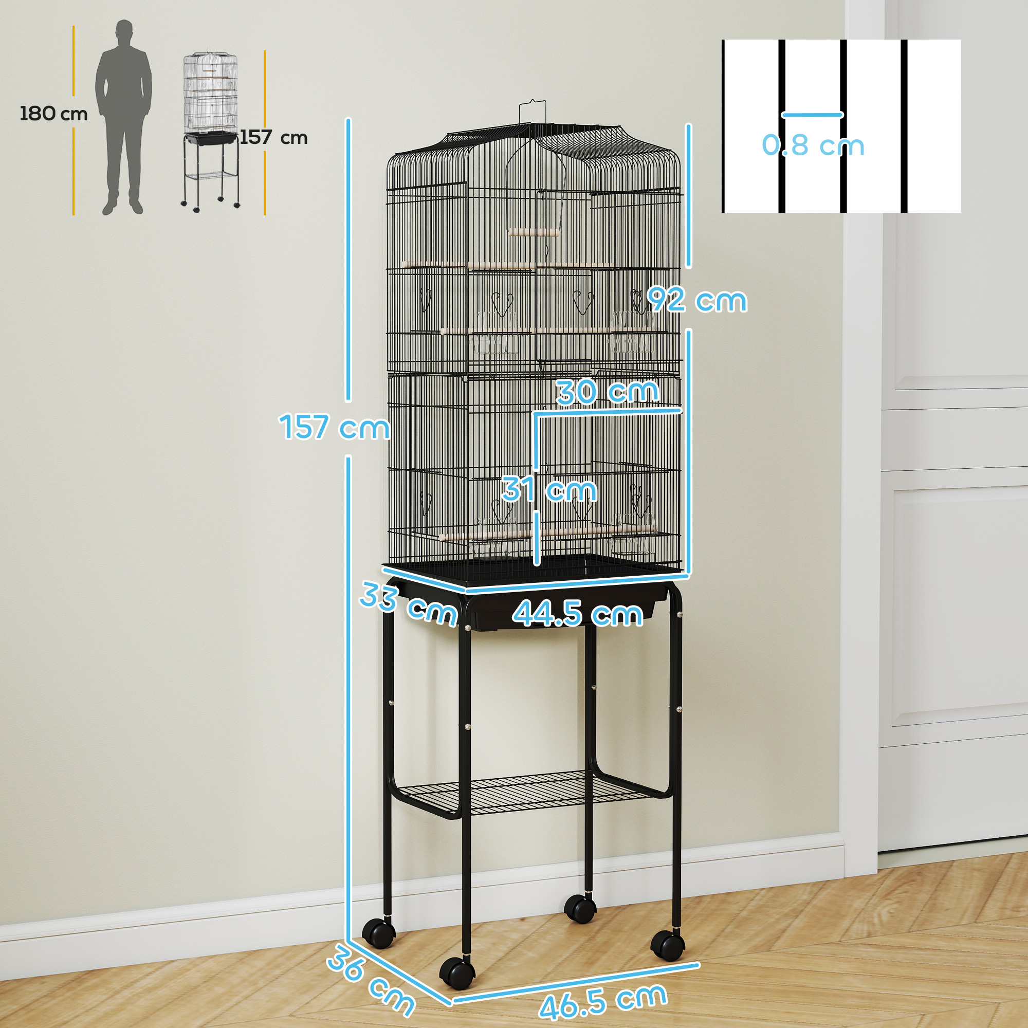 PawHut Bird Cage Budgie Cages For Finch Canary Parakeet With Stand Wheels Slide-out Tray Accessories Storage Shelf, Black 46.5 X 36 X 157 Cm