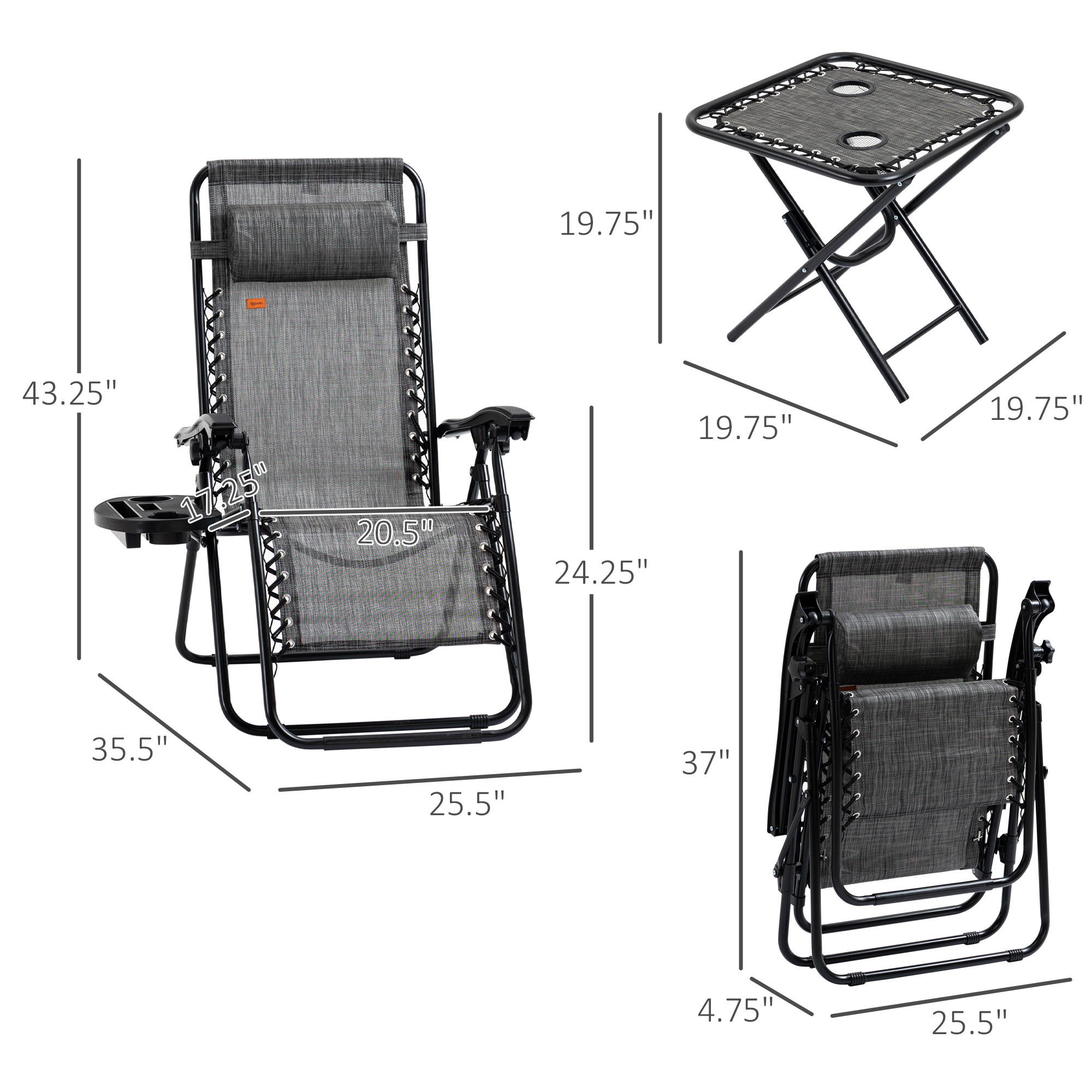  Zero Gravity Chair Set with Side Table, Folding Reclining Chair with Cupholders & Pillows, Adjustable Lounge Chairs for Pool, Backyard, Lawn, Beach, Gray