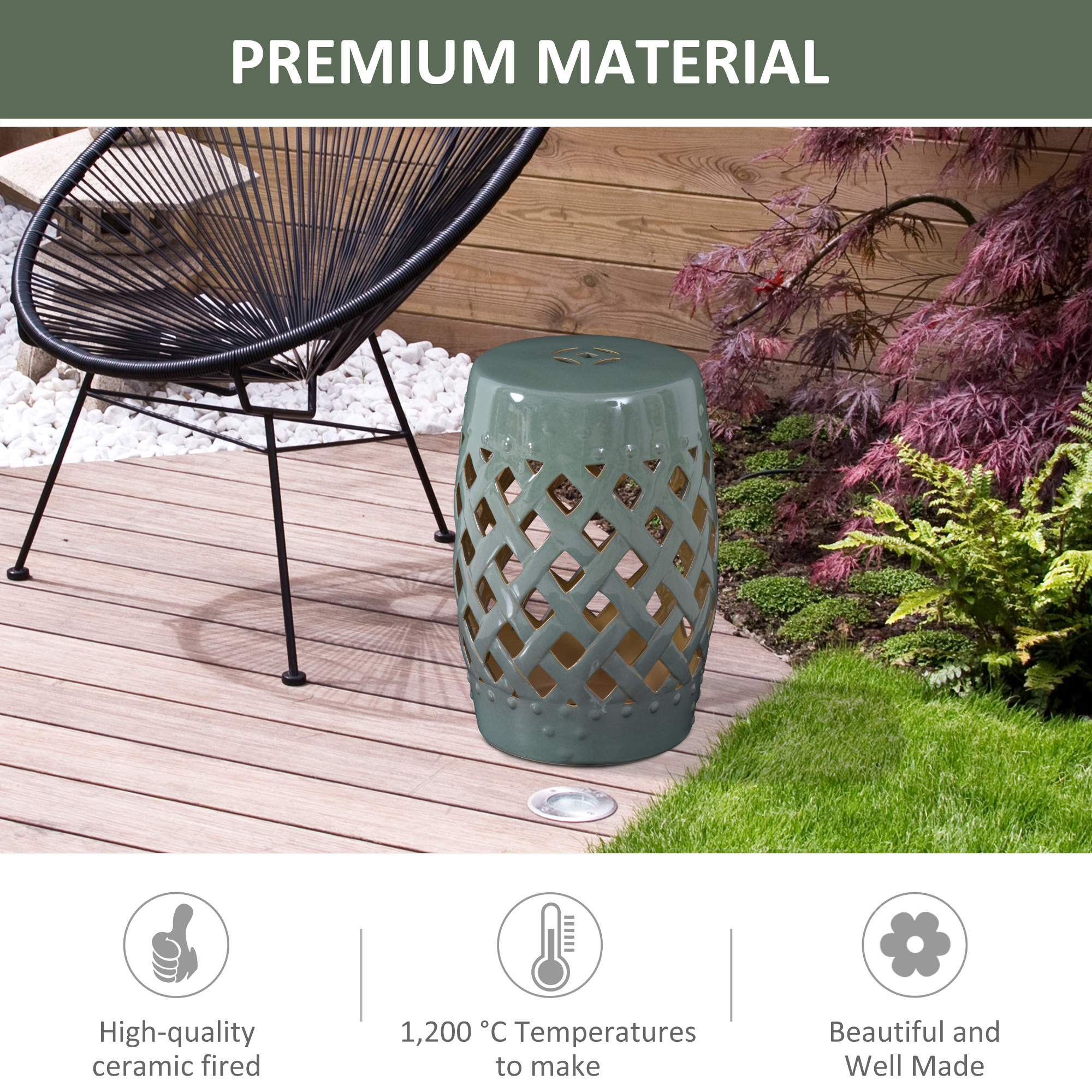 13″ x 18″ Ceramic Garden Stool with Woven Lattice Design & Glazed Strong Materials Decorative Outdoor Stool, Green
