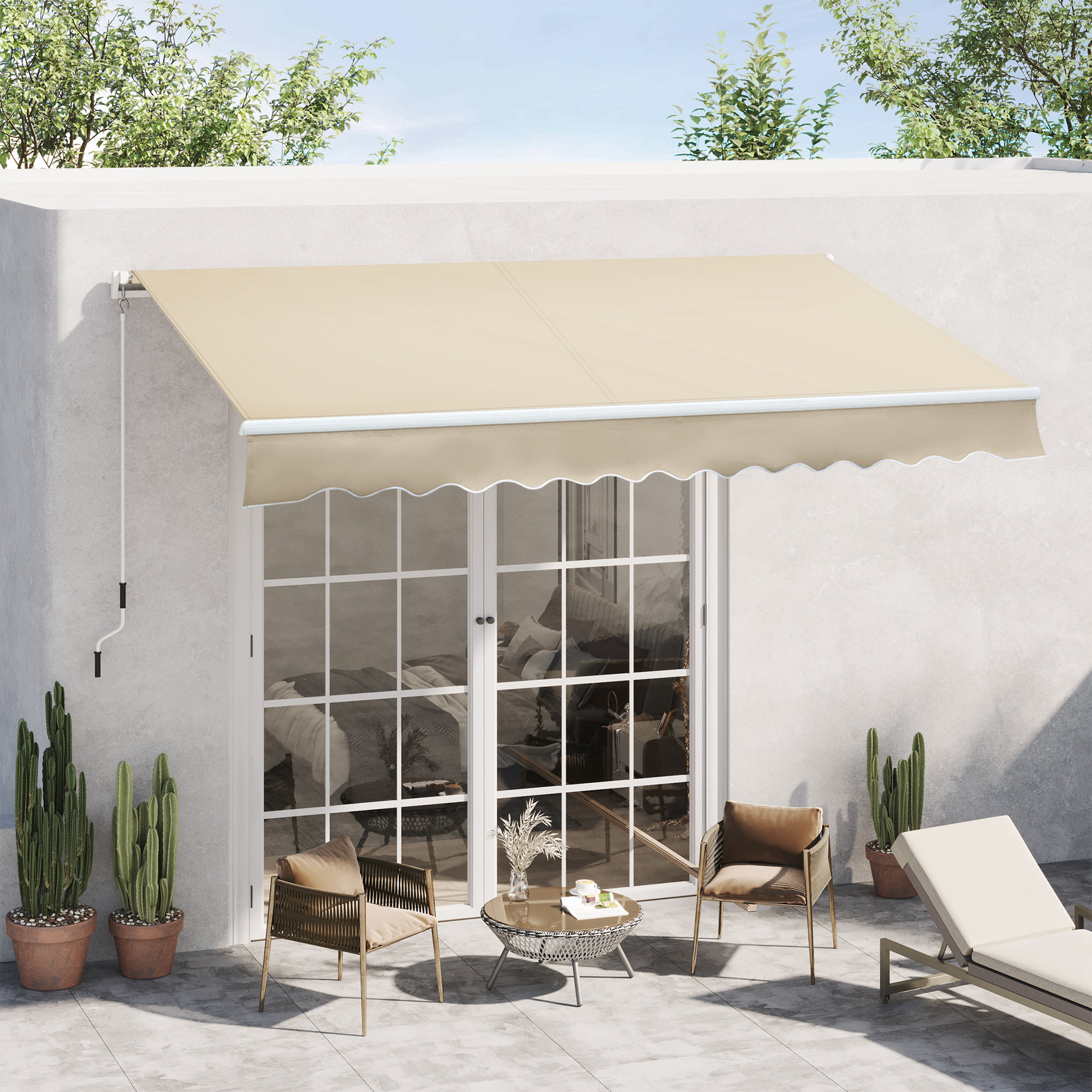 12 x 8 Patio Awning, Canopy Retractable Sun Shade Shelter w/ Manual Crank Handle for Deck, Yard, Cream White