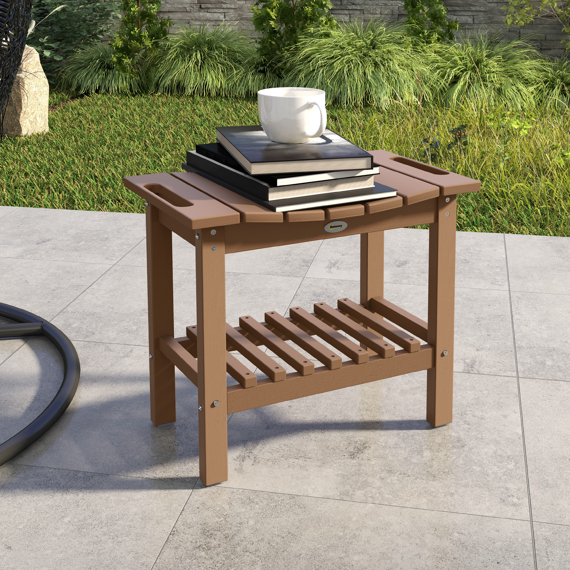  HDPE Shower Bench, Waterproof Shower Stool with Handle, Storage Shelf, Non-Slip Pads for Indoor Outdoor, Brown