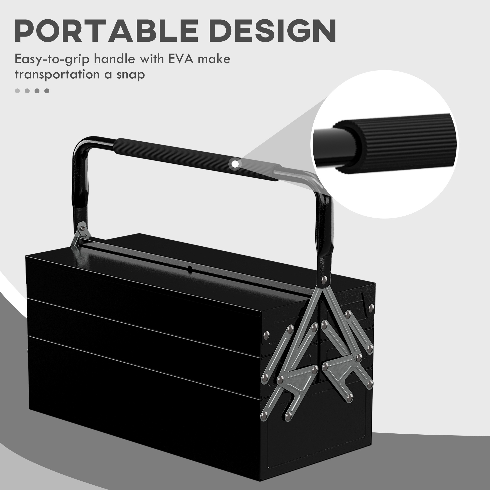 DURHAND 3 Tier Metal Toolbox, 5 Tray Professional Portable Tool Box With Carry Handle For Workshop, 45cmx20cmx34.5cm, Black