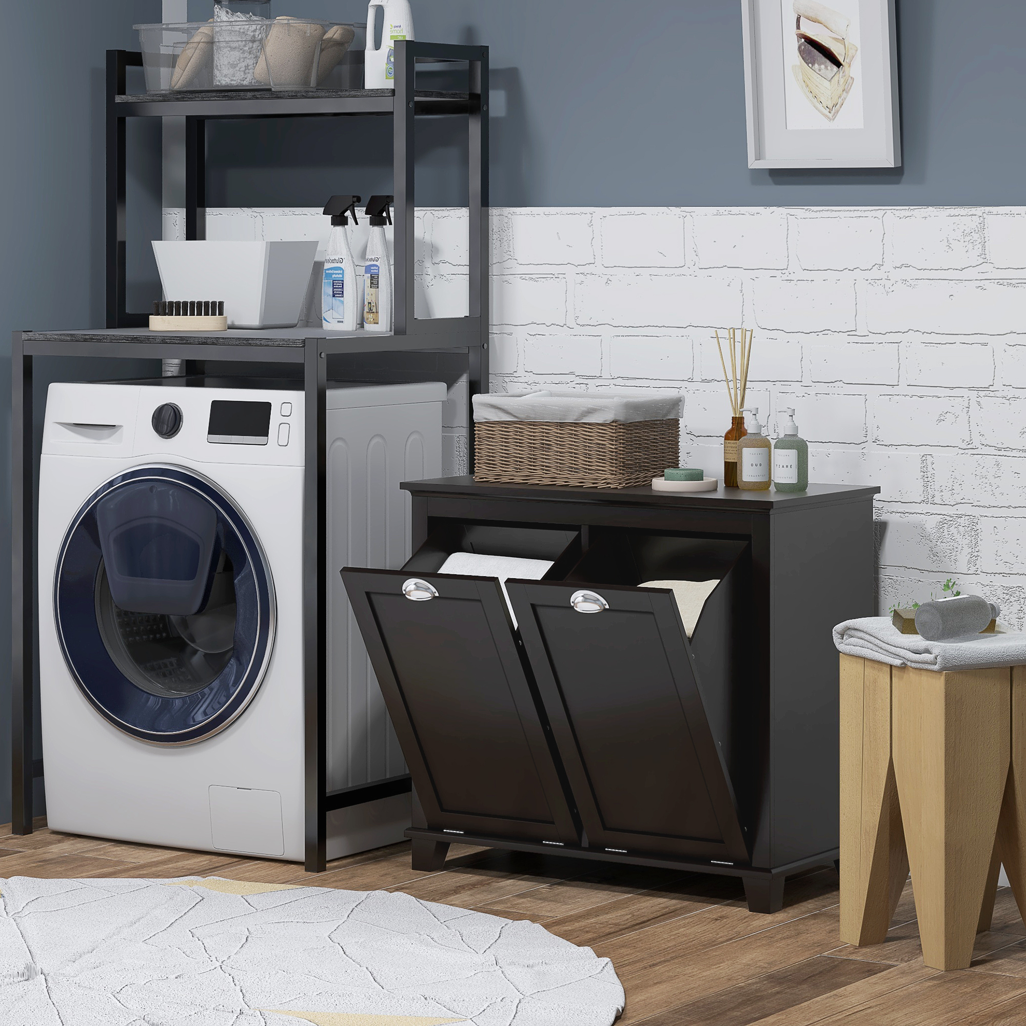  Bathroom Storage Cabinet, Tilt-Out Laundry Hamper with 2 Compartments, Black