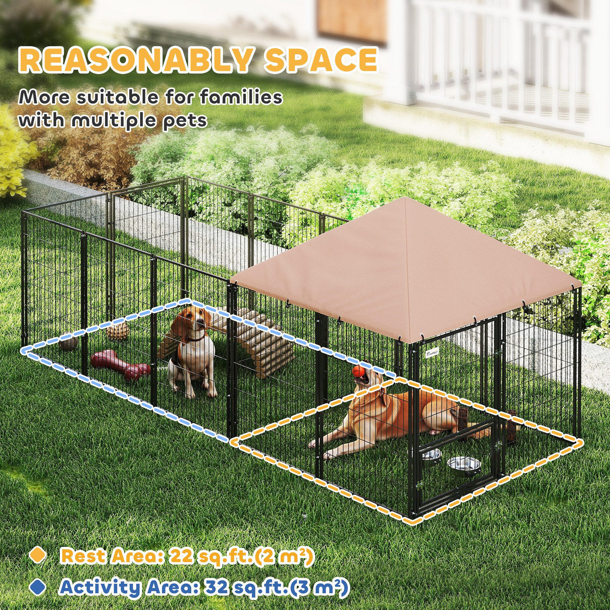  Large Outdoor Dog Kennel with Rotating & Adjustable Height Bowls, Waterproof & UV-Resistant Canopy, 11.3' x 4.7' x 5.1'